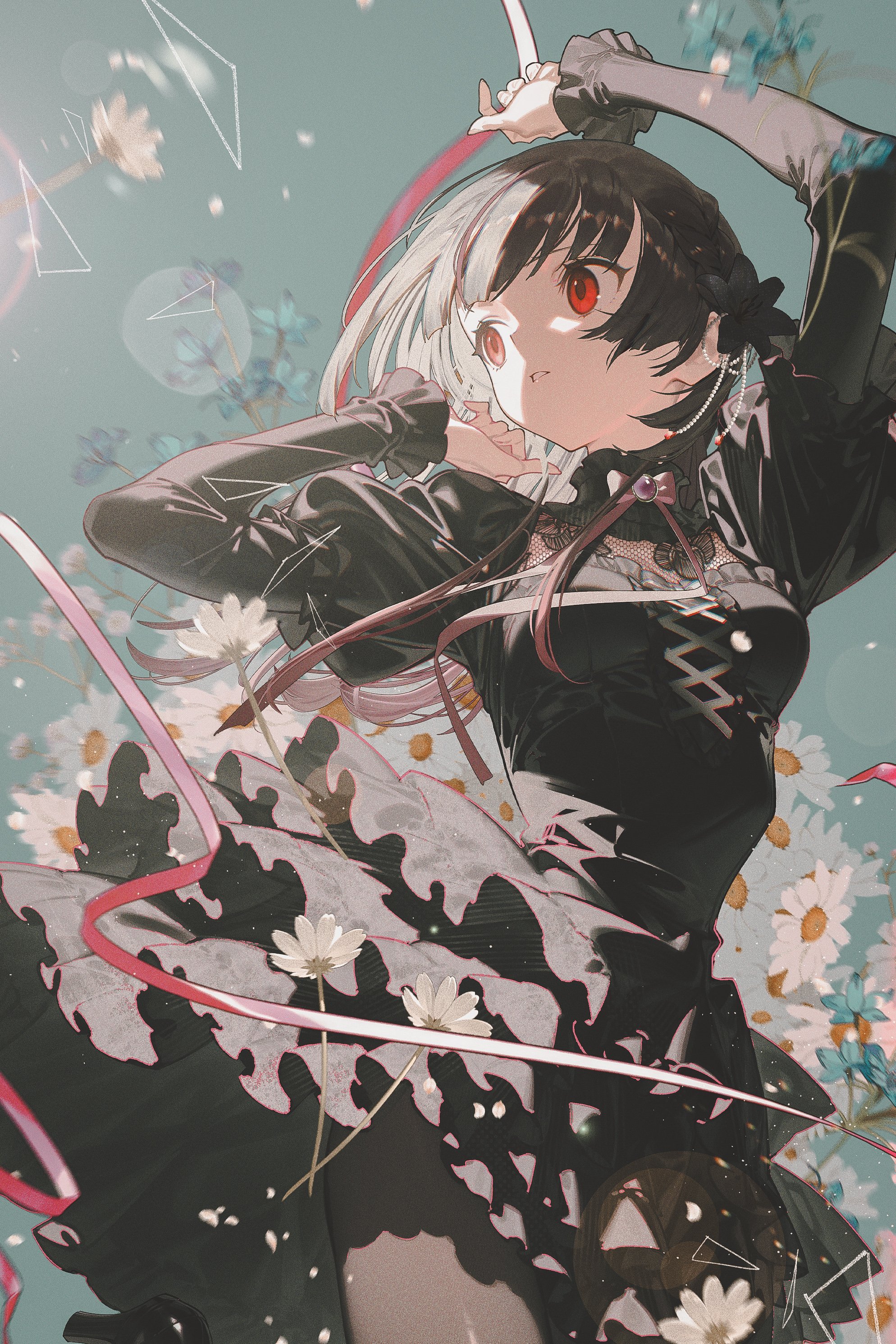 shiomi (lowrise), re:act, absurdres, commentary, commission, cropped, highres, skeb commission, 1girl, arm up, black dress, black hair, black pantyhose, black shoes, blue flower, blue sky, braid, breasts, daisy (flower), dress, expressionless, flower, frilled dress, frilled skirt, frills, hair flower, hair ornament, hand up, high heels, kannagi anna, layered dress, lens flare, light leak, lolita fashion, long sleeves, looking to the side, medium breasts, midair, multicolored hair, pantyhose, parted lips, pink ribbon, puffy sleeves, red eyes, ribbon, shoes, skirt, sky, small breasts, solo, straight hair, streaked hair, sun, virtual youtuber, white flower