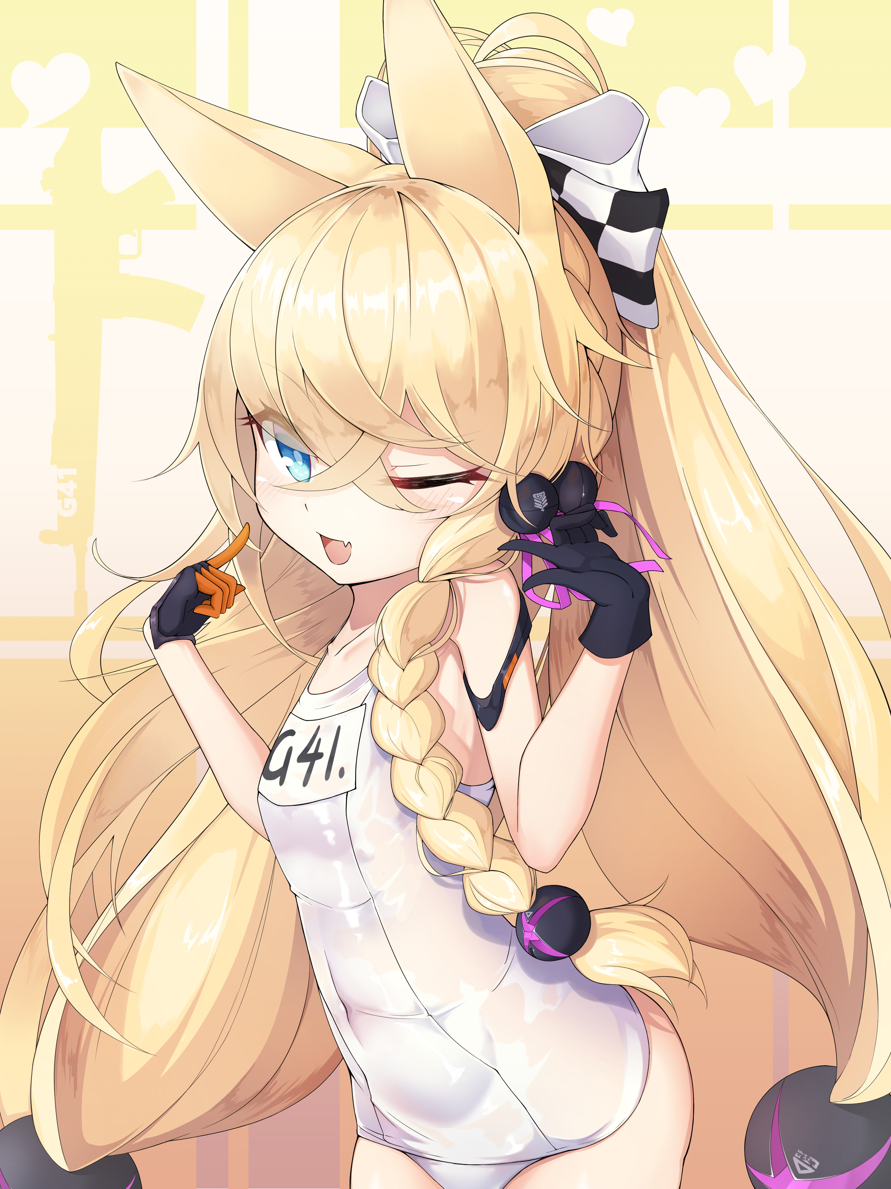 yeosi, g41 (beach punk 2064) (girls' frontline), g41 (girls' frontline), girls' frontline, absurdres, highres, revision, 1girl, animal ears, arms up, black gloves, blonde hair, blue eyes, braid, cat ears, fang, gloves, hair ornament, long hair, low-tied long hair, official alternate costume, one-piece swimsuit, one eye closed, open mouth, ponytail, school swimsuit, shiny clothes, smile, solo, sphere hair ornament, swimsuit, upper body, very long hair, wet, wet clothes, wet swimsuit, white one-piece swimsuit