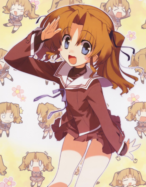 1girl, blush, chibi, female focus, gradient background, multiple views, school uniform, skirt, smile, white background