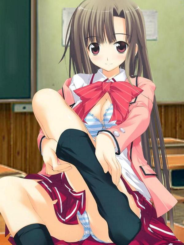 blush, bra, breasts, cleavage, lingerie, panties, school uniform, smile, striped bra, striped clothes, striped panties, underwear