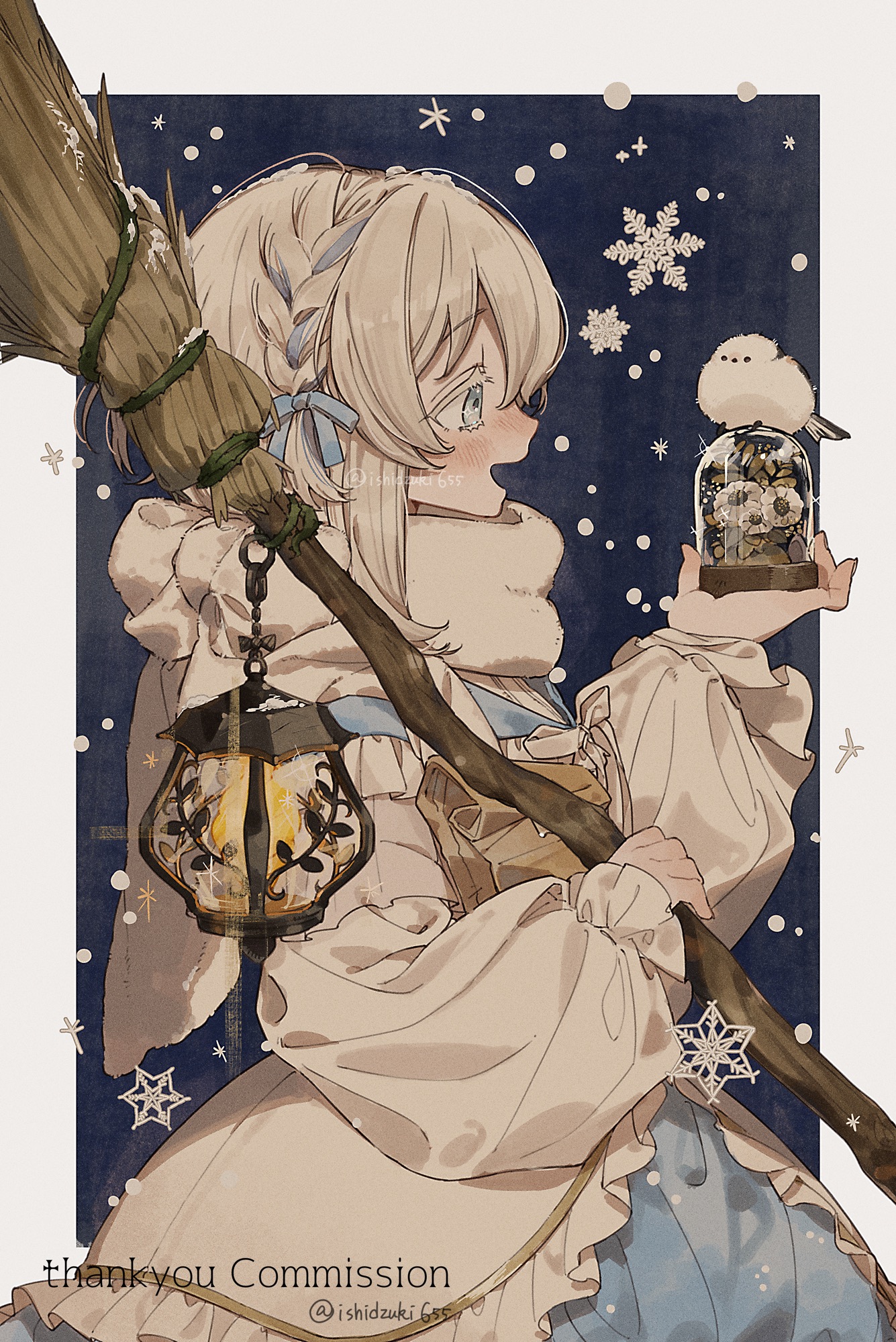 ishidzuki655, original, commentary, commission, hashtag-only commentary, highres, skeb commission, symbol-only commentary, 1girl, :d, bird, blonde hair, blue background, blue dress, blue eyes, blue ribbon, border, borrowed character, braid, broom, colored eyelashes, cowboy shot, dress, english text, frilled sleeves, frills, from side, hair between eyes, hair ribbon, hand up, holding, holding broom, lantern, light blush, long hair, long sleeves, looking ahead, open mouth, outside border, ribbon, smile, snowflakes, snowing, solo, standing, straight hair, tareme, twitter username, two-tone dress, white bird, white border, white dress