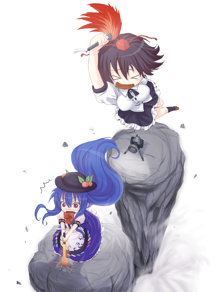 neru fia, hinanawi tenshi, shameimaru aya, touhou, > <, 2girls, breasts, chibi, closed eyes, female focus, hat, multiple girls, short hair, standing, white background