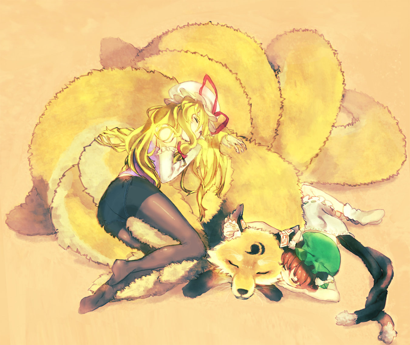 shippo (skink), chen, skink, yakumo ran, yakumo ran (fox), yakumo yukari, touhou, bad id, bad pixiv id, 2girls, animal, animal ears, ass, blonde hair, bloomers, brown hair, cat ears, cat girl, crotch seam, earrings, elbow gloves, family bonding, feet, female focus, fox, fox ears, fox tail, gloves, hat, hugging another's tail, hugging tail, jewelry, legs, long hair, markings, multiple girls, multiple tails, panties, panties under pantyhose, pantyhose, short hair, side-tie panties, sleeping, socks, tail, thighs, underwear, white gloves