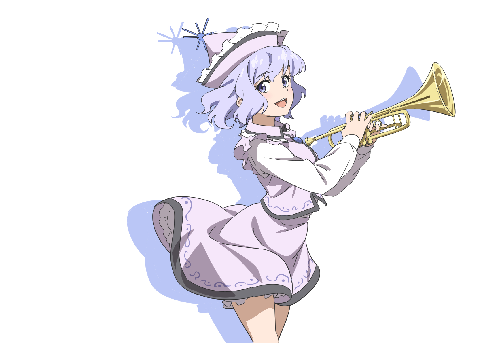 gyouza (mhea5724), merlin prismriver, touhou, highres, 1girl, hat, holding, holding instrument, holding trumpet, instrument, long sleeves, open mouth, puffy long sleeves, puffy sleeves, purple hair, purple hat, purple skirt, purple vest, shadow, shirt, skirt, smile, solo, trumpet, vest, white background, white shirt, wind, wind lift