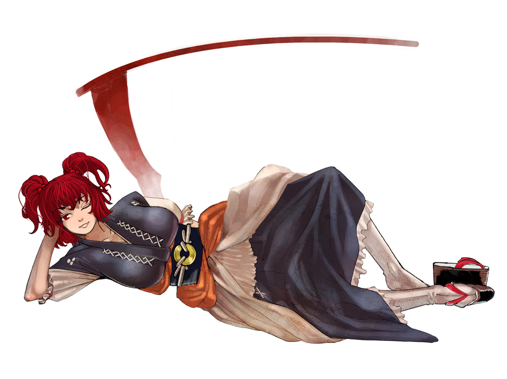 sakamoto kengo, onozuka komachi, touhou, revision, 1girl, breasts, collarbone, full body, hair bobbles, hair ornament, head rest, japanese clothes, large breasts, looking at viewer, lying, on side, red eyes, red hair, scythe, shoes, short hair, simple background, single shoe, smile, solo, two side up