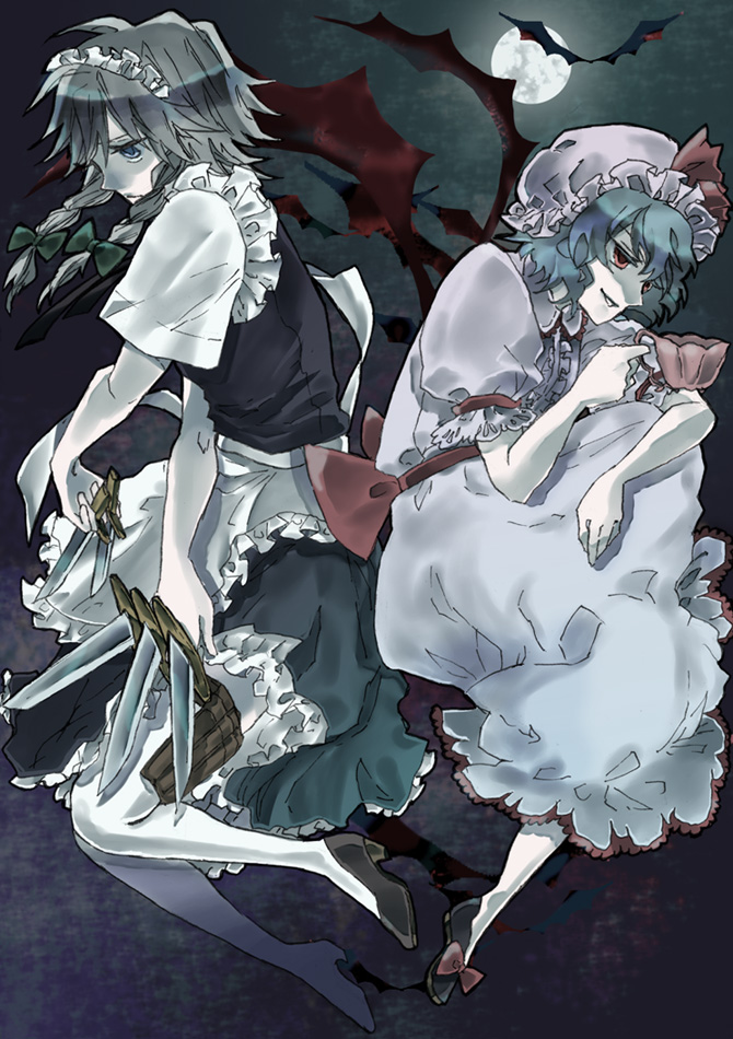 menou (manabumaster), izayoi sakuya, remilia scarlet, touhou, bad id, bad pixiv id, 2girls, dress, female focus, hat, knife, maid, moon, multiple girls, outdoors, ribbon, short hair, sky, smile, throwing knife, weapon