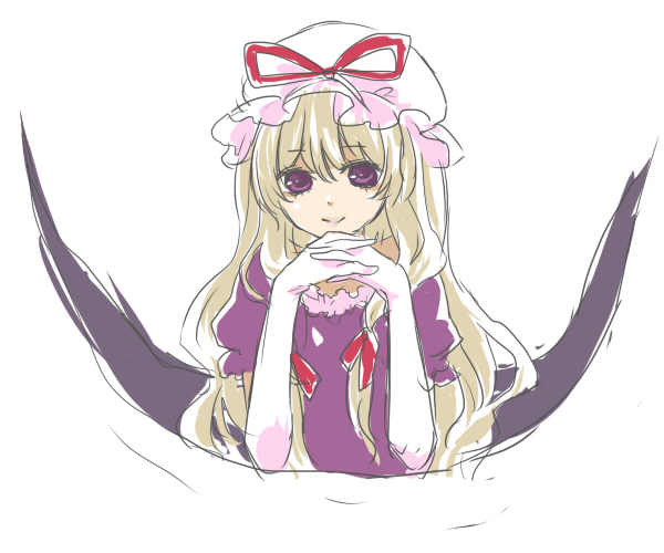 machiko (beard), yakumo yukari, touhou, 1girl, blonde hair, female focus, gloves, hat, ribbon, smile, solo, upper body, white background