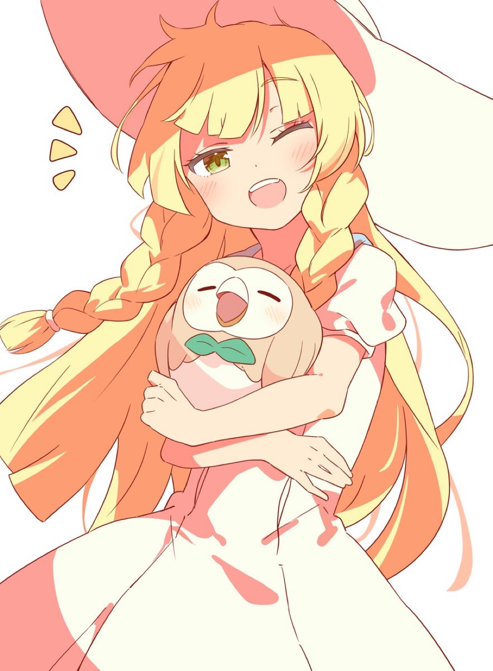 lillie (pokemon), rowlet, nintendo, pokemon, pokemon sm, commentary request, highres, 1girl, blonde hair, blunt bangs, blunt ends, braid, dress, gen 7 pokemon, green eyes, hat, holding, holding pokemon, kamonegi 3za, long hair, looking at viewer, one eye closed, open mouth, pokemon (creature), short sleeves, side braids, smile, sun hat, wide brim
