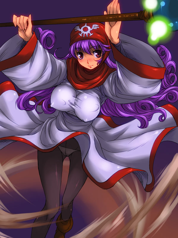 atsumuchi, hisakawa chin, princess of moonbrook, chunsoft, dragon quest, dragon quest ii, enix, 1980s (style), bad id, bad pixiv id, 1girl, blush, breasts, covered erect nipples, crotch seam, female focus, hood, large breasts, long hair, lowleg, lowleg panties, magic, oldschool, panties, panties under pantyhose, pantyhose, purple hair, smile, solo, staff, underwear