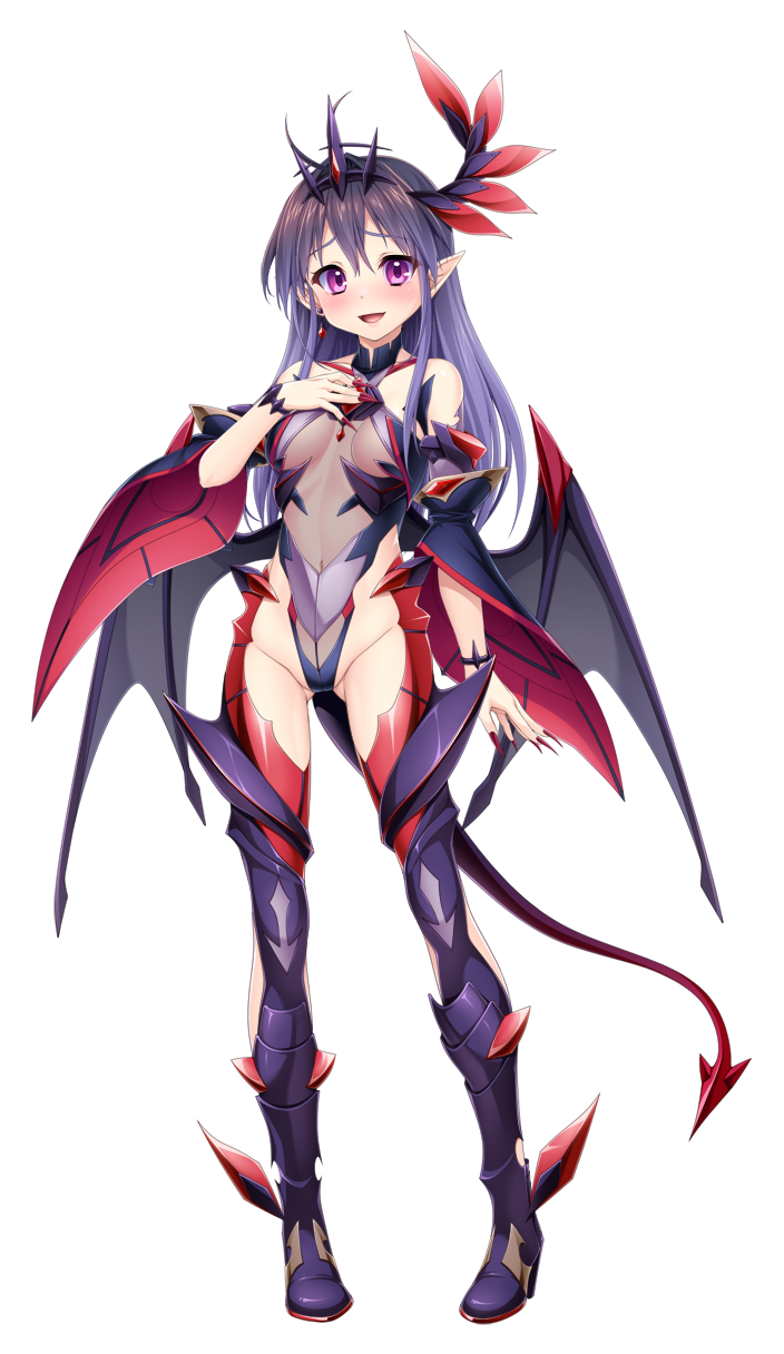 kamitsurugi ouka, aikawa haruno, dark exs-tia inferno, kouyoku senki exs-tia concert, game cg, highres, large variant set, non-web source, official art, variant set, 1girl, :d, arm at side, bare shoulders, blush, boots, breasts, corruption, covered navel, dark persona, demon girl, demon horns, demon tail, demon wings, detached sleeves, earrings, fang, feathers, full body, gluteal fold, hair ornament, hand on own chest, high heels, highleg, highleg leotard, horns, jewelry, leotard, long hair, looking at viewer, low wings, nail polish, open mouth, pointy ears, purple eyes, purple hair, see-through clothes, small breasts, smile, solo, standing, tail, thigh boots, thighhighs, transparent background, wings