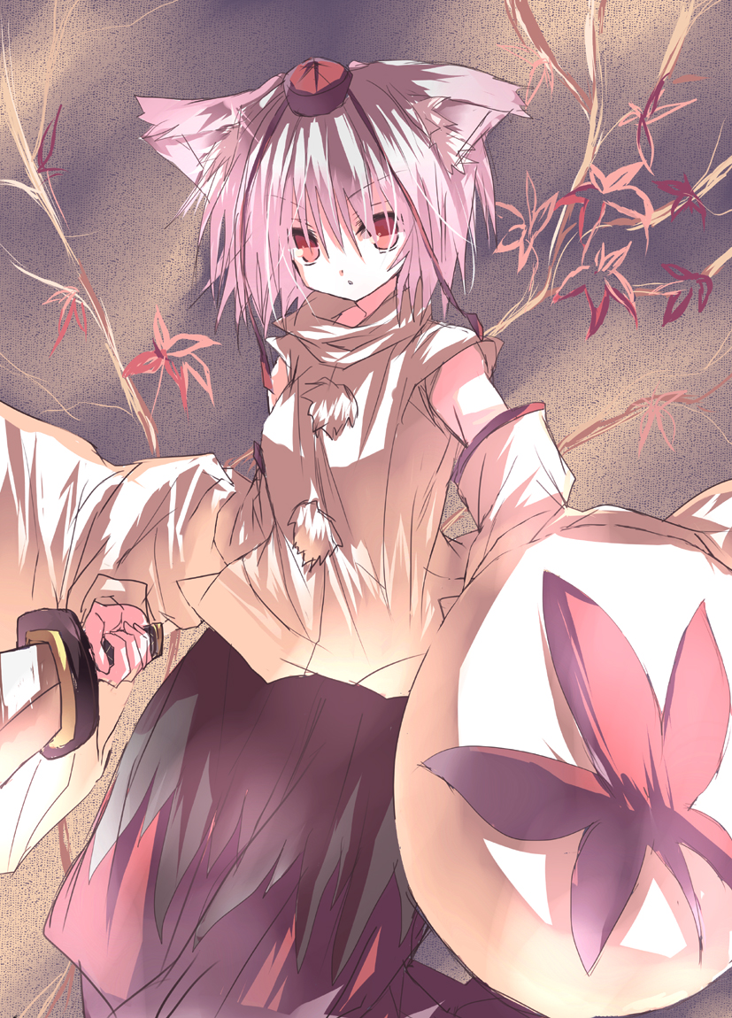 bikkuameron, inubashiri momiji, touhou, silver hair, bad id, bad pixiv id, 1girl, animal ears, detached sleeves, female focus, hat, red eyes, shield, short hair, solo, sword, tokin hat, weapon, wolf ears