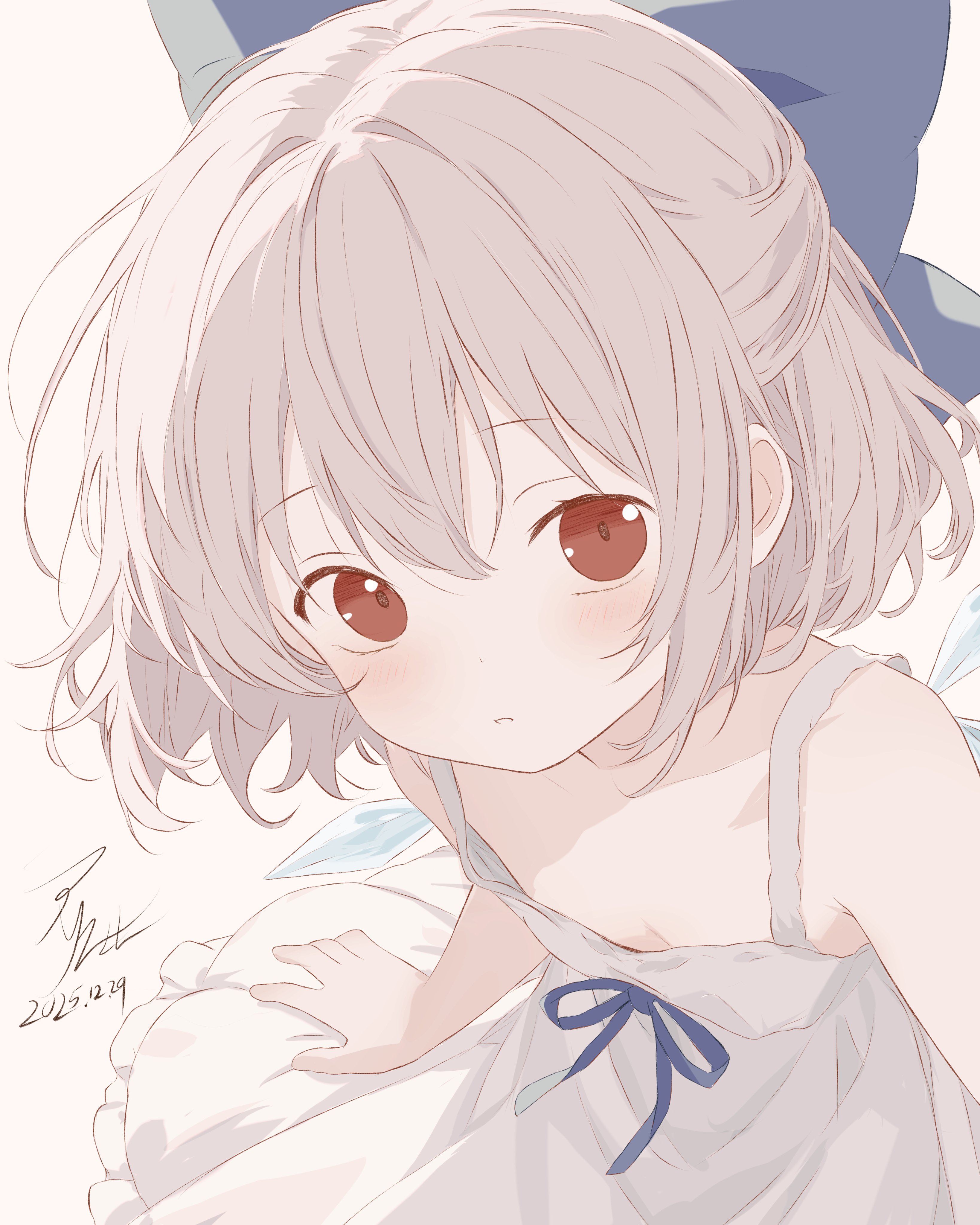iris-san, cirno, touhou, absurdres, commentary request, highres, 1girl, alternate hair color, blue bow, blue ribbon, blush, bow, dated, dress, grey hair, hair bow, ice, ice wings, looking at viewer, parted lips, red eyes, ribbon, short hair, signature, solo, upper body, white background, white dress, wings