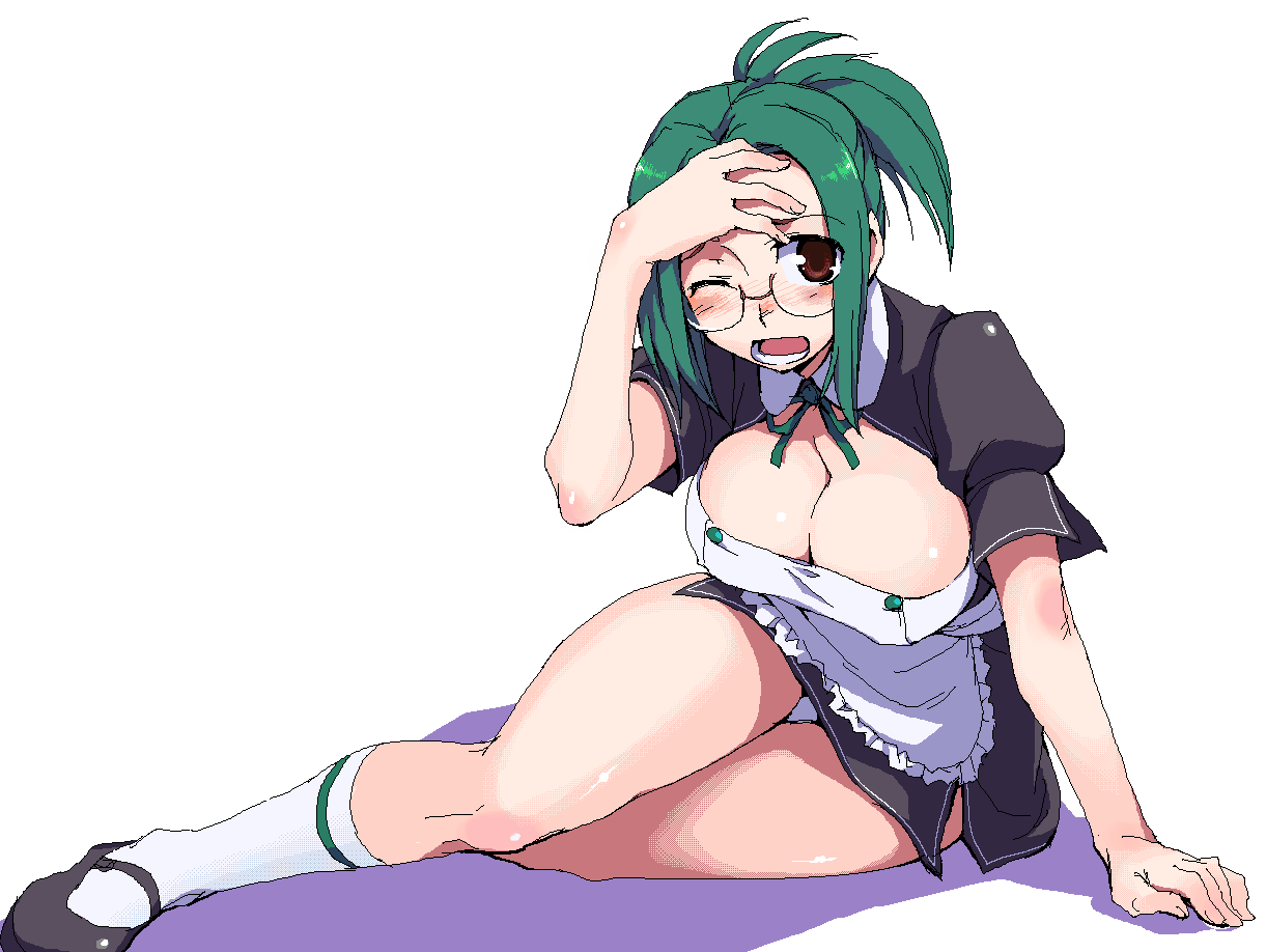 atsumuchi, hisakawa chin, mio (dream c club), dream c club, dream c club (series), bad id, bad pixiv id, 1girl, arm support, black shoes, blush, breasts, brown eyes, cleavage, female focus, glasses, green hair, large breasts, maid, oekaki, shoes, simple background, sitting, socks, solo, thighs, white background, white socks