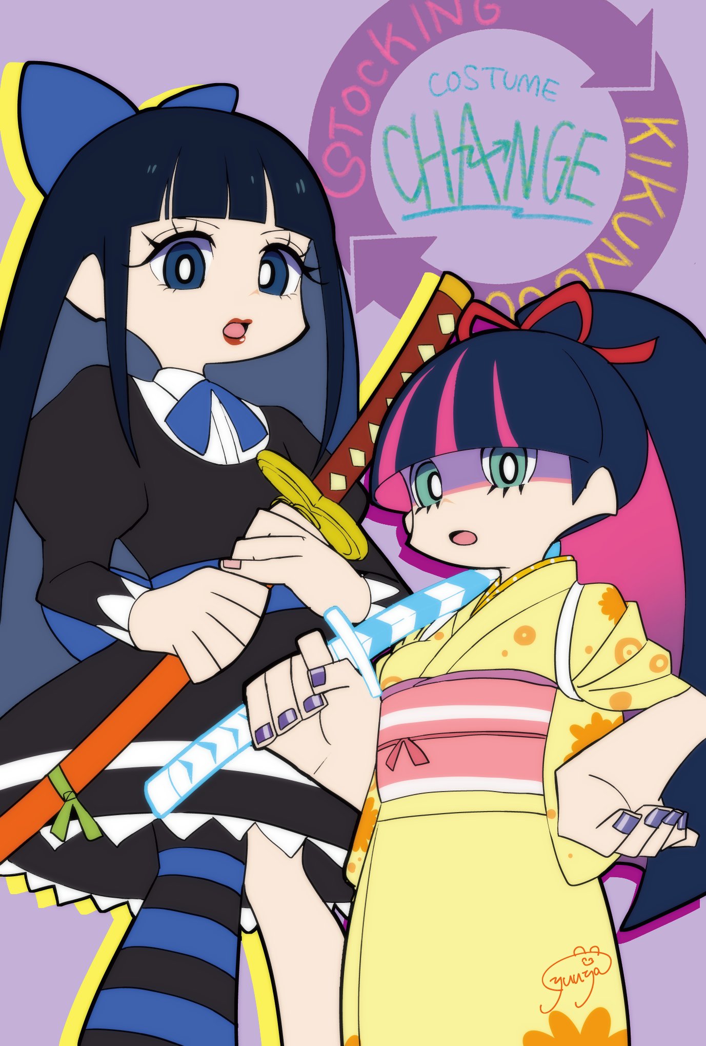 yuuya (hakase-luv), kikunojo (one piece), stocking (psg), one piece, panty & stocking with garterbelt, commentary request, highres, 1boy, 1girl, black dress, blunt bangs, character name, dress, eyelashes, holding, holding sword, holding weapon, japanese clothes, juliet sleeves, kimono, long hair, long sleeves, looking at viewer, lower eyelashes only, multicolored hair, obi, pink nails, pink sash, ponytail, puffy sleeves, purple nails, red lips, sash, sidelocks, single leg pantyhose, size difference, sword, two-tone hair, weapon, yellow kimono