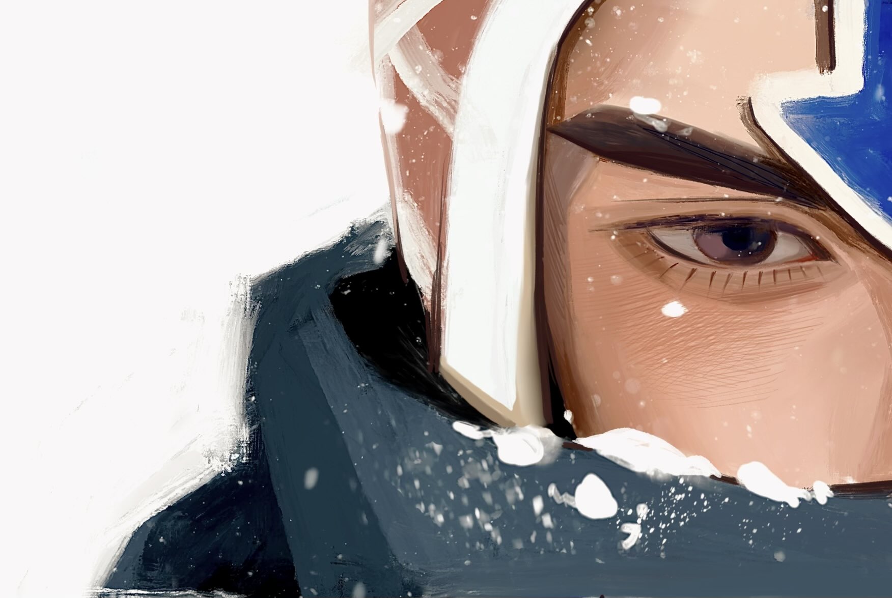 zu okr, guido mista, jojo no kimyou na bouken, vento aureo, commentary request, highres, 1boy, close-up, hat, male focus, purple eyes, scarf, scarf over mouth, snow, solo, white background