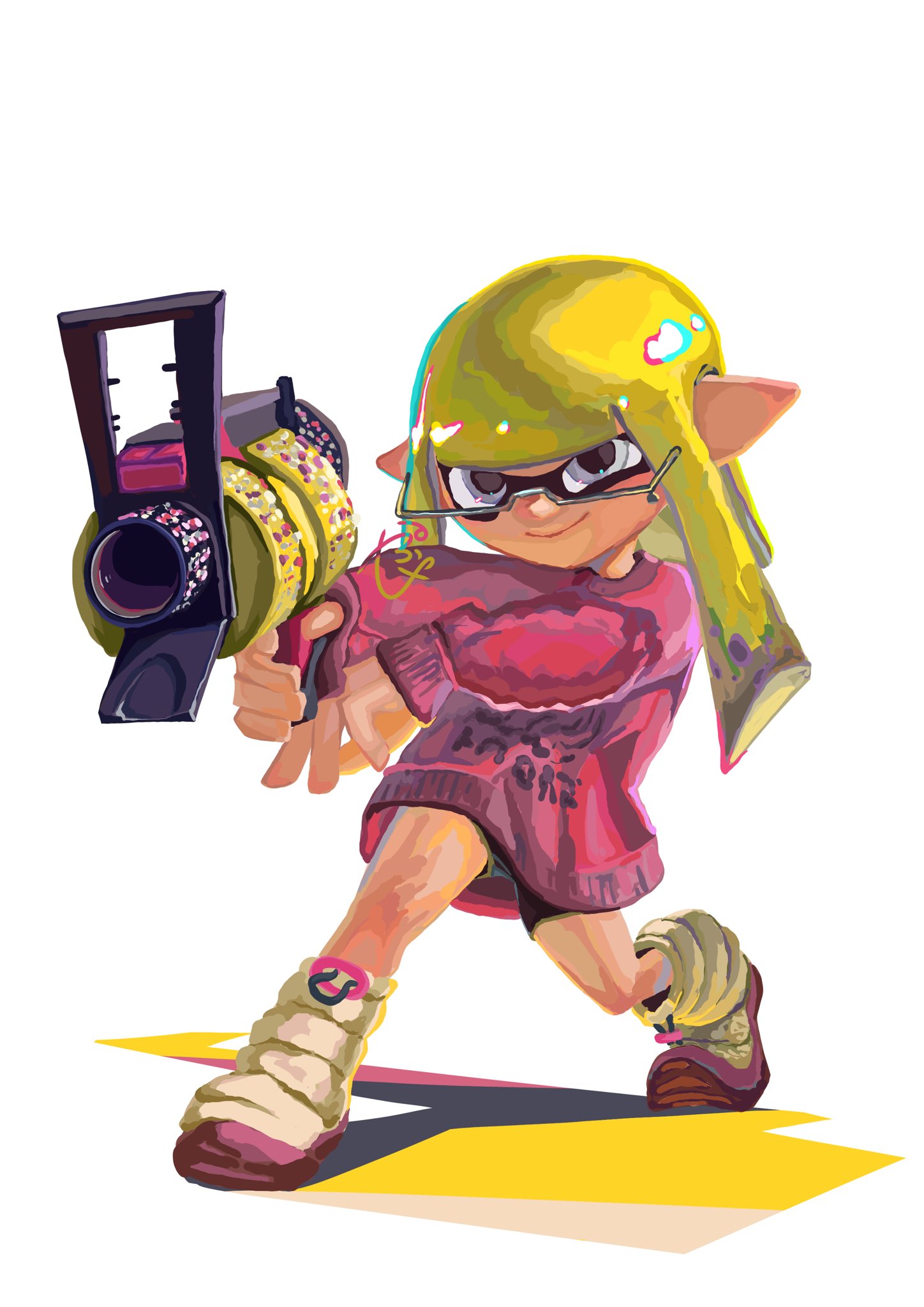 inkling girl, inkling player character, nintendo, splatoon (series), splatoon 3, highres, tagme, .52 gal (splatoon), blonde hair, full body, glasses, grey eyes, inkling, ka pus, leg warmers, legs apart, pink sweater, pointy ears, simple background, standing, sweater, white background, white leg warmers