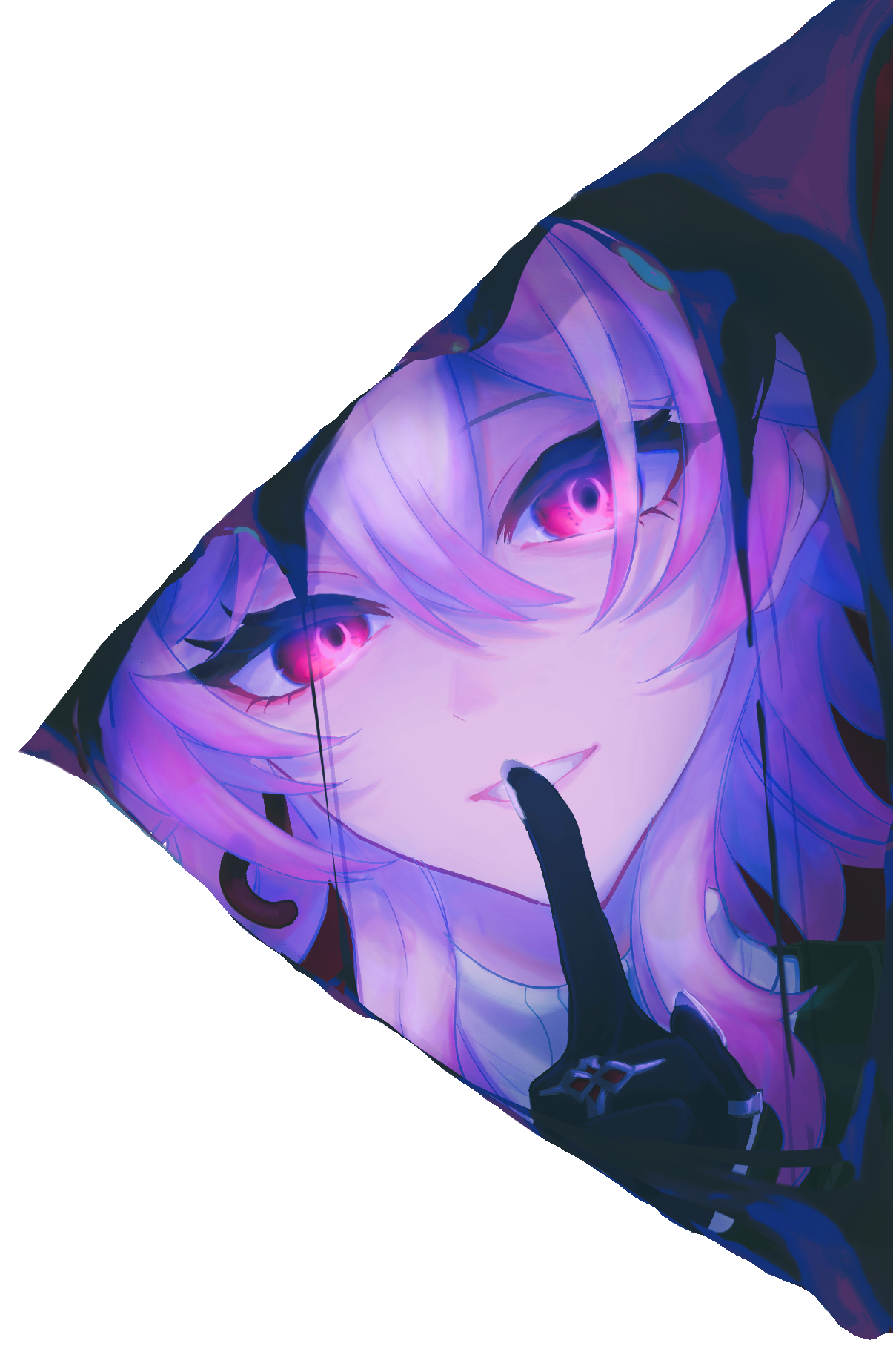 evernight (honkai: star rail), march 7th (honkai: star rail), honkai: star rail, honkai (series), commentary, highres, 1girl, black gloves, collar, dripping, earrings, finger to mouth, gloves, grin, hair between eyes, jewelry, looking at viewer, oshouga oisi, pink hair, red eyes, ring, shushing, single earring, smile, white background