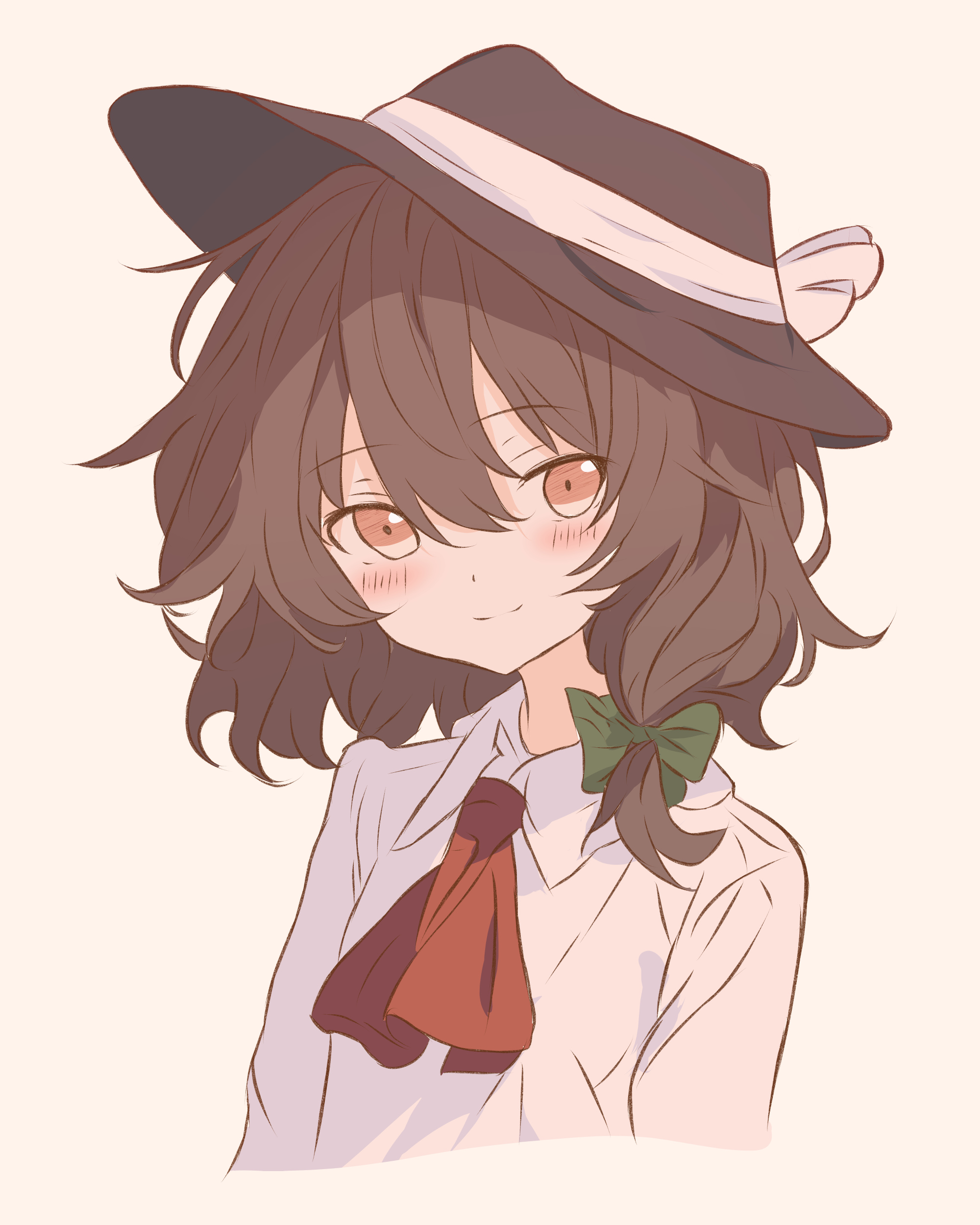 iris-san, usami renko, touhou, absurdres, commentary request, highres, 1girl, ascot, black hat, blush, bow, brown eyes, brown hair, closed mouth, collared shirt, cropped torso, green bow, hair between eyes, hair bow, hat, long sleeves, looking at viewer, medium hair, red ascot, shirt, simple background, smile, solo, split mouth, sun hat, white background, white shirt
