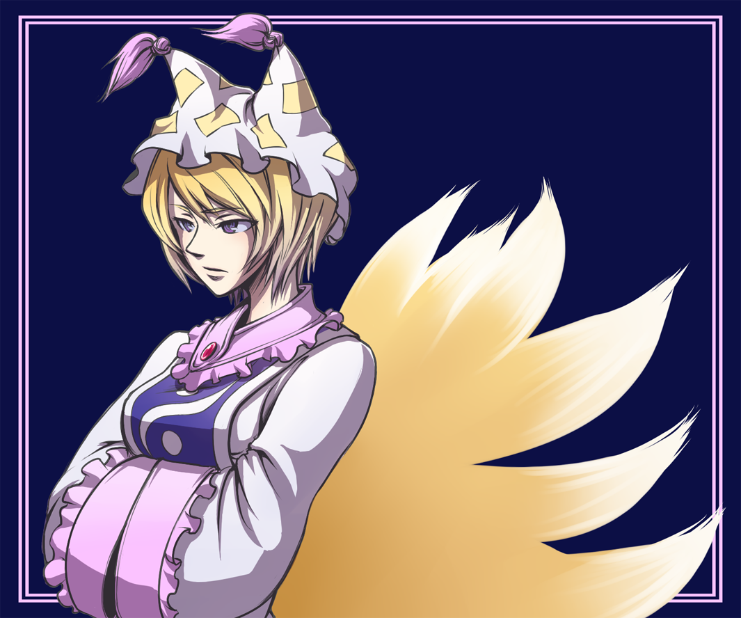 housei, yadonushi (housei), yakumo ran, touhou, bad id, bad pixiv id, 1girl, blonde hair, female focus, fox tail, hands in opposite sleeves, hat, multiple tails, purple eyes, short hair, solo, tail, wide sleeves