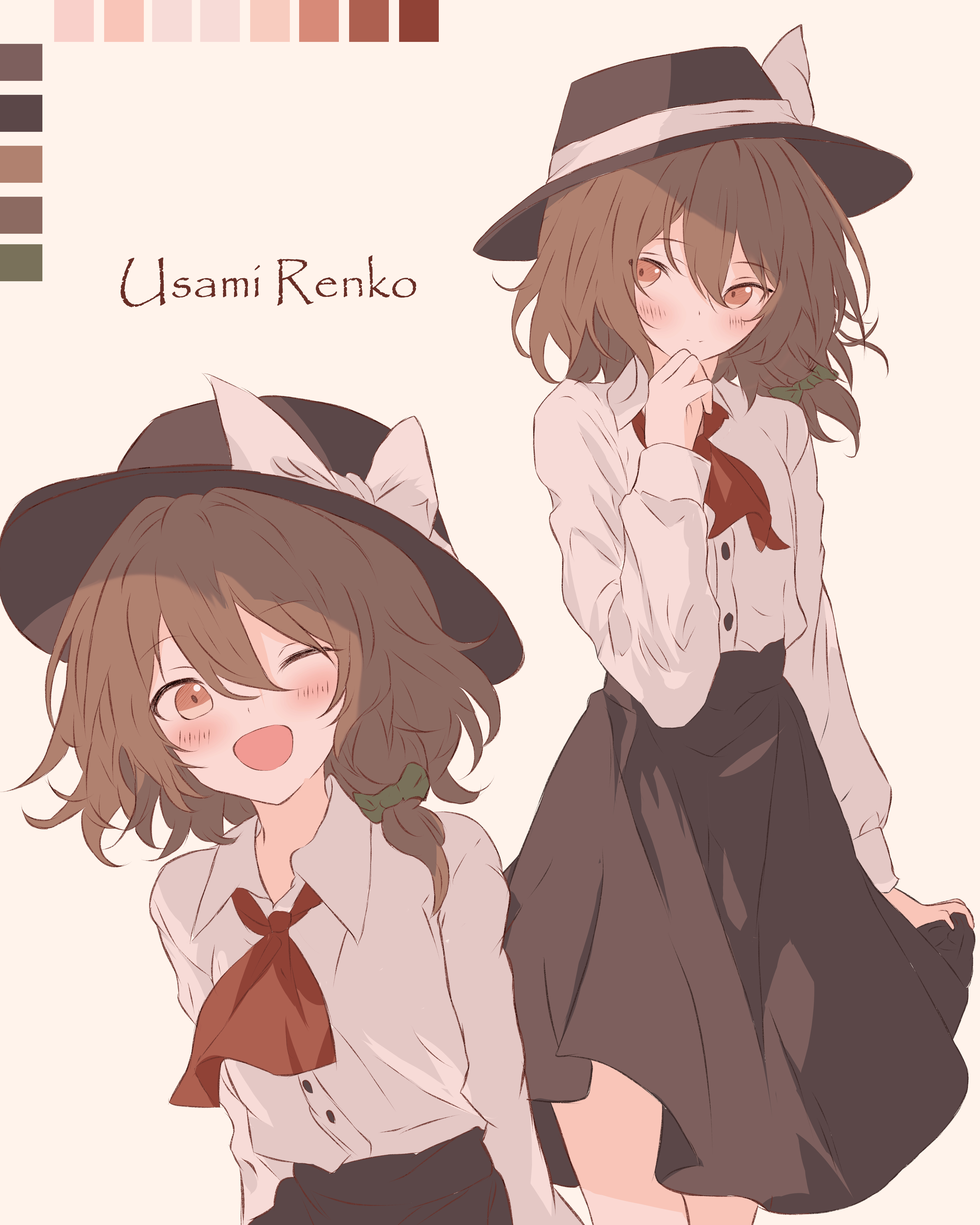iris-san, usami renko, touhou, absurdres, commentary request, highres, 1girl, ;d, ascot, black hat, black skirt, blush, brown eyes, brown hair, character name, closed mouth, collared shirt, cowboy shot, dress shirt, feet out of frame, hand up, happy, hat, high-waist skirt, long skirt, long sleeves, looking at viewer, medium hair, multiple views, one eye closed, open mouth, red ascot, shirt, simple background, skirt, skirt hold, smile, split mouth, standing, sun hat, white background, white shirt