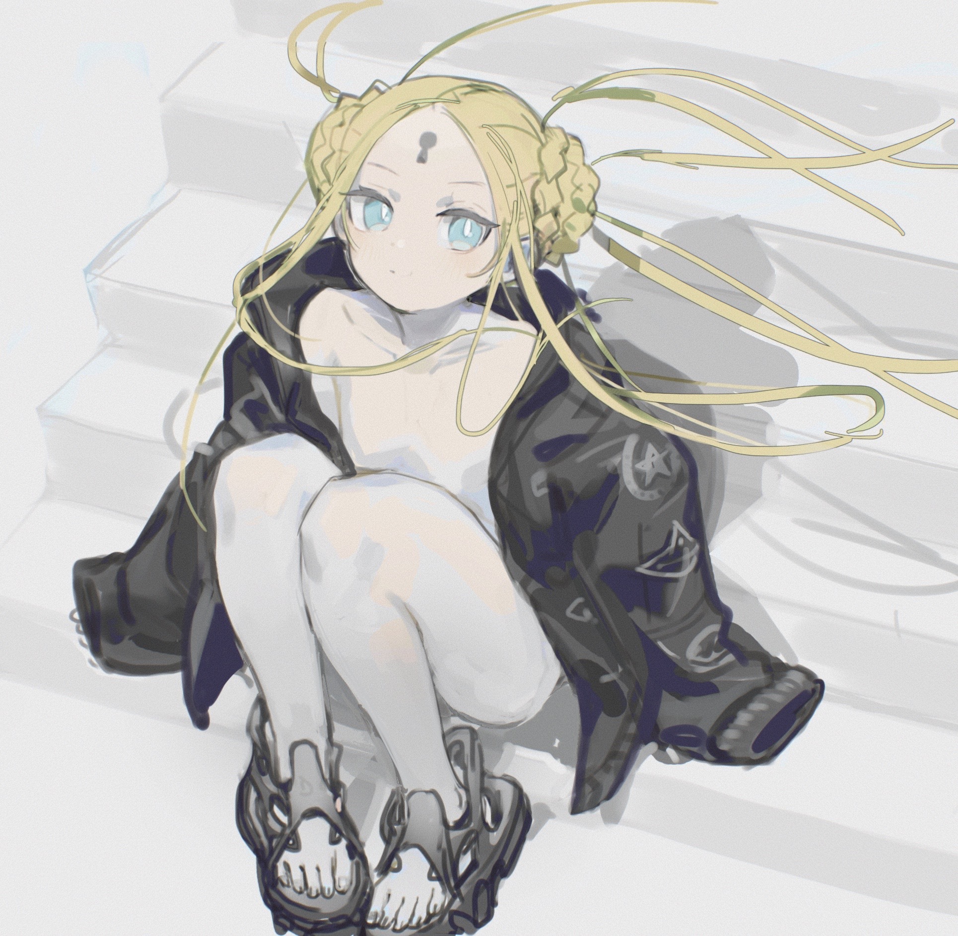 nemo (leafnight), abigail williams (fate), fate/grand order, fate (series), highres, 1girl, black jacket, blonde hair, blue eyes, braid, braided bun, double bun, expressionless, flat chest, floating hair, hair bun, jacket, keyhole, long hair, looking at viewer, naked jacket, sandals, sitting, sketch, solo, stairs