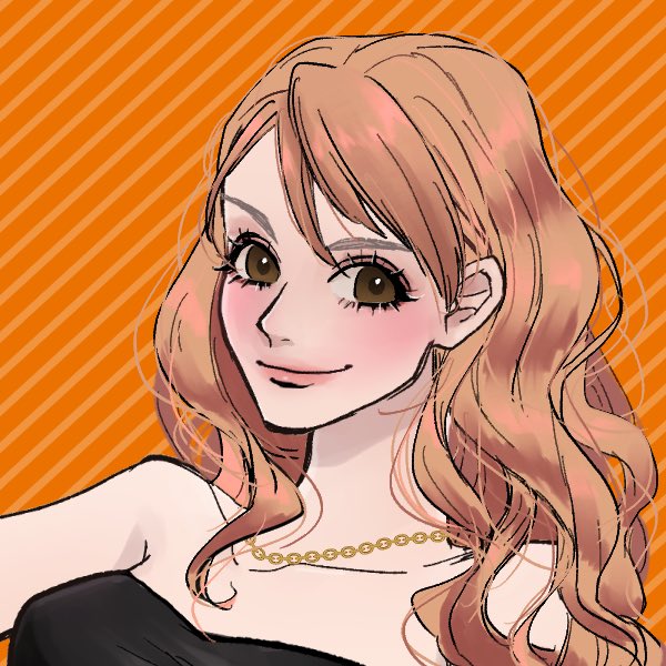 nami (one piece), one piece, commentary, 1girl, bare shoulders, black dress, dress, eyelashes, jewelry, long hair, looking at viewer, necklace, ohanaboo7326, orange background, orange hair, solo, swept bangs