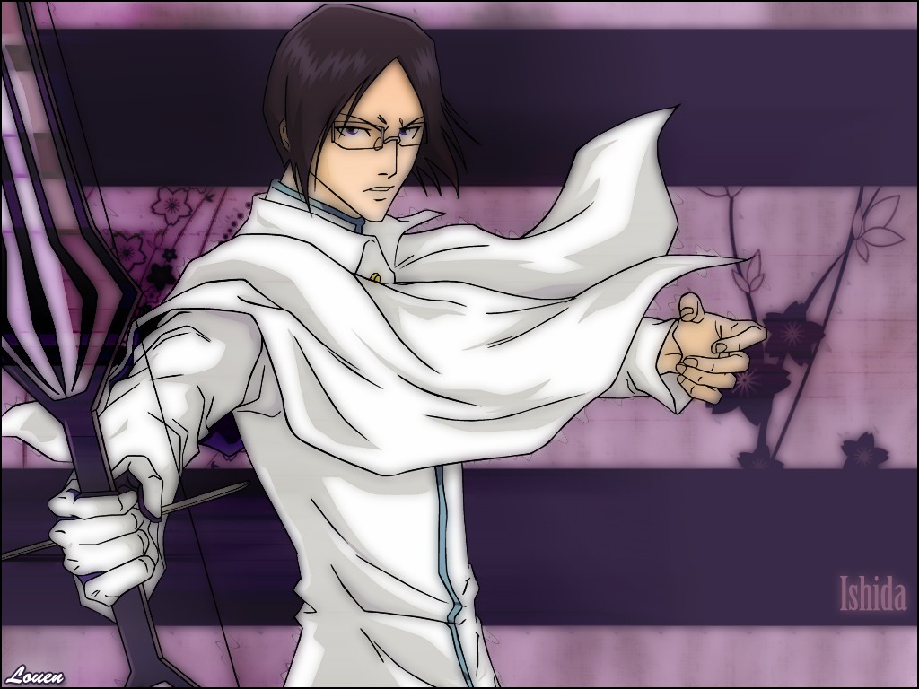 ishida uryuu, bleach, 00s, black hair, blue eyes, bow, cape, crest, glasses