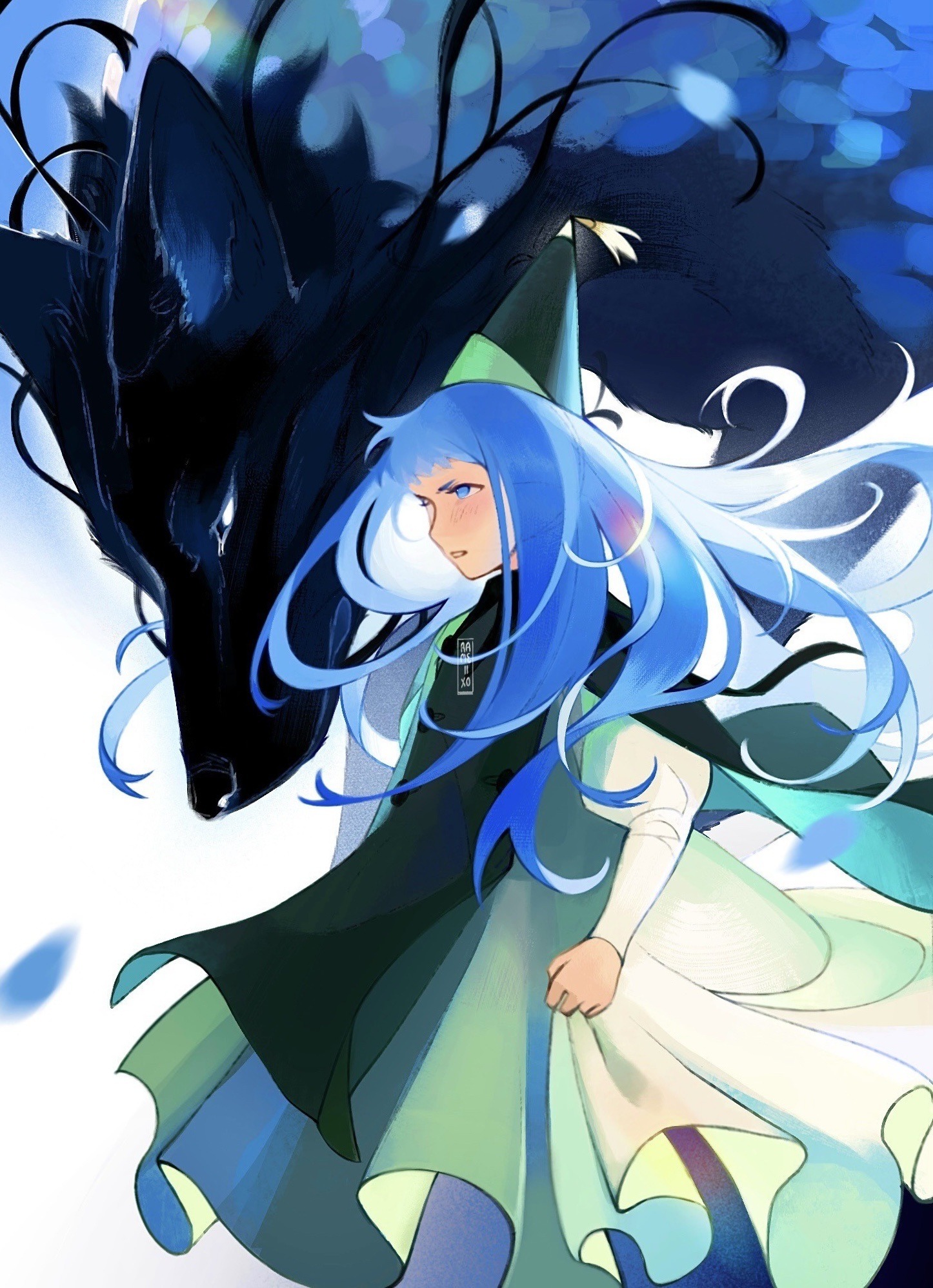 rameiixo, eunie (tongari boushi no atelier), richeh (tongari boushi no atelier), tongari boushi no atelier, highres, 1girl, 1other, angry, blue eyes, blue hair, creature, dress, long hair, qifrey's atelier apprentice uniform, tassel, wolf