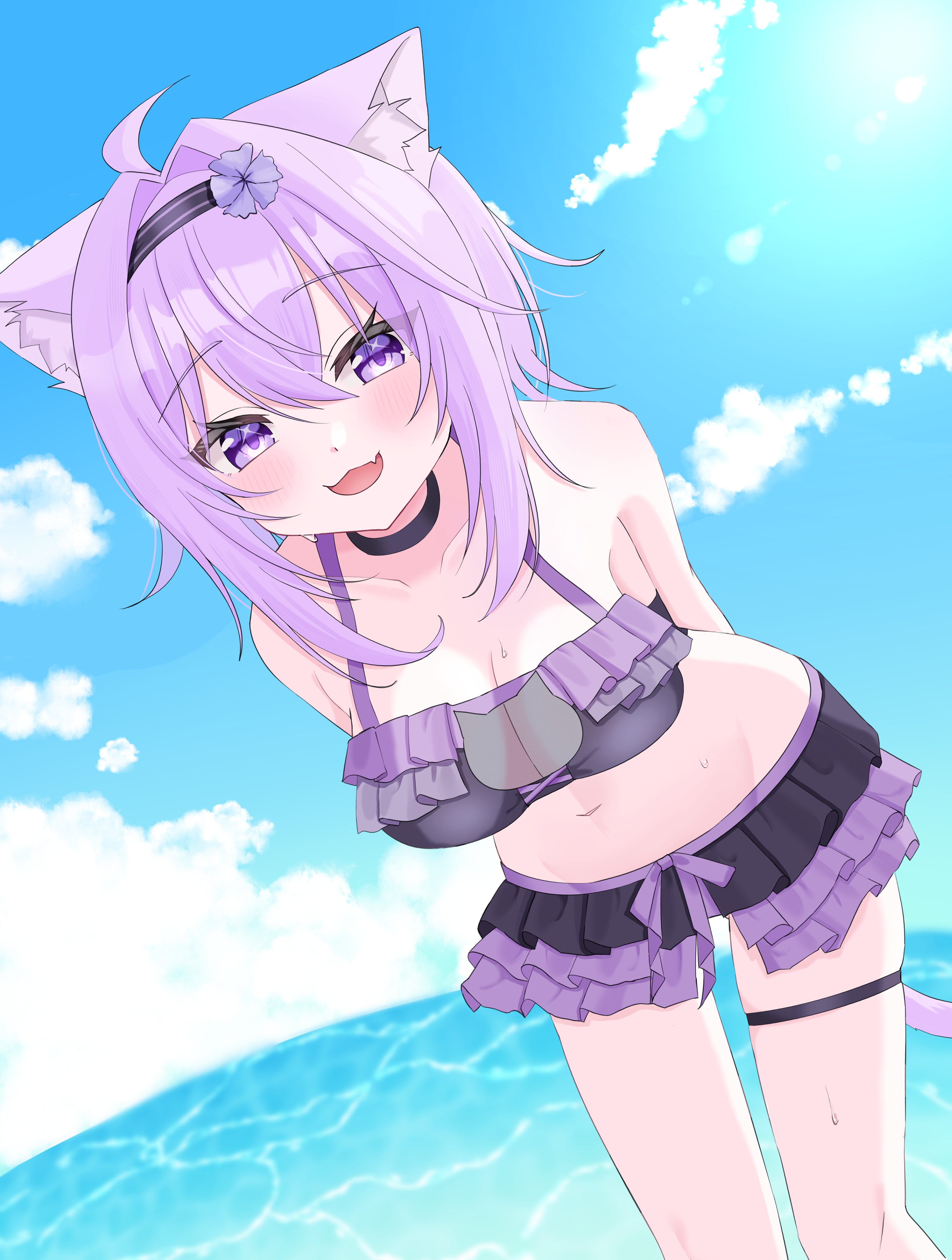 nogoma (nogoma22), nekomata okayu, hololive, absurdres, commentary request, highres, 1girl, ahoge, animal ears, arms behind back, bare shoulders, bikini, bikini skirt, black choker, blue sky, blush, breasts, cat ears, cat girl, cat tail, choker, cleavage, collarbone, frilled bikini, frills, hair between eyes, hair intakes, looking at viewer, medium breasts, medium hair, navel, open mouth, purple bikini, purple eyes, purple hair, sky, smile, solo, stomach, swimsuit, tail, thigh strap, virtual youtuber
