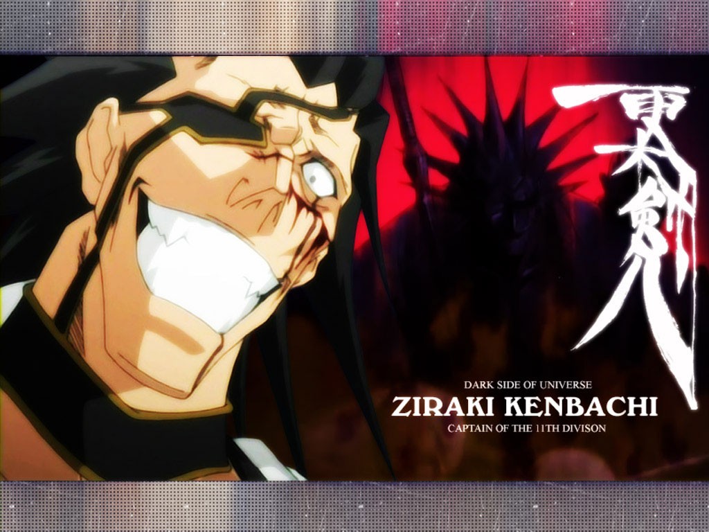 zaraki kenpachi, bleach, 00s, black hair, evil grin, evil smile, eyepatch, grin, scar, smile