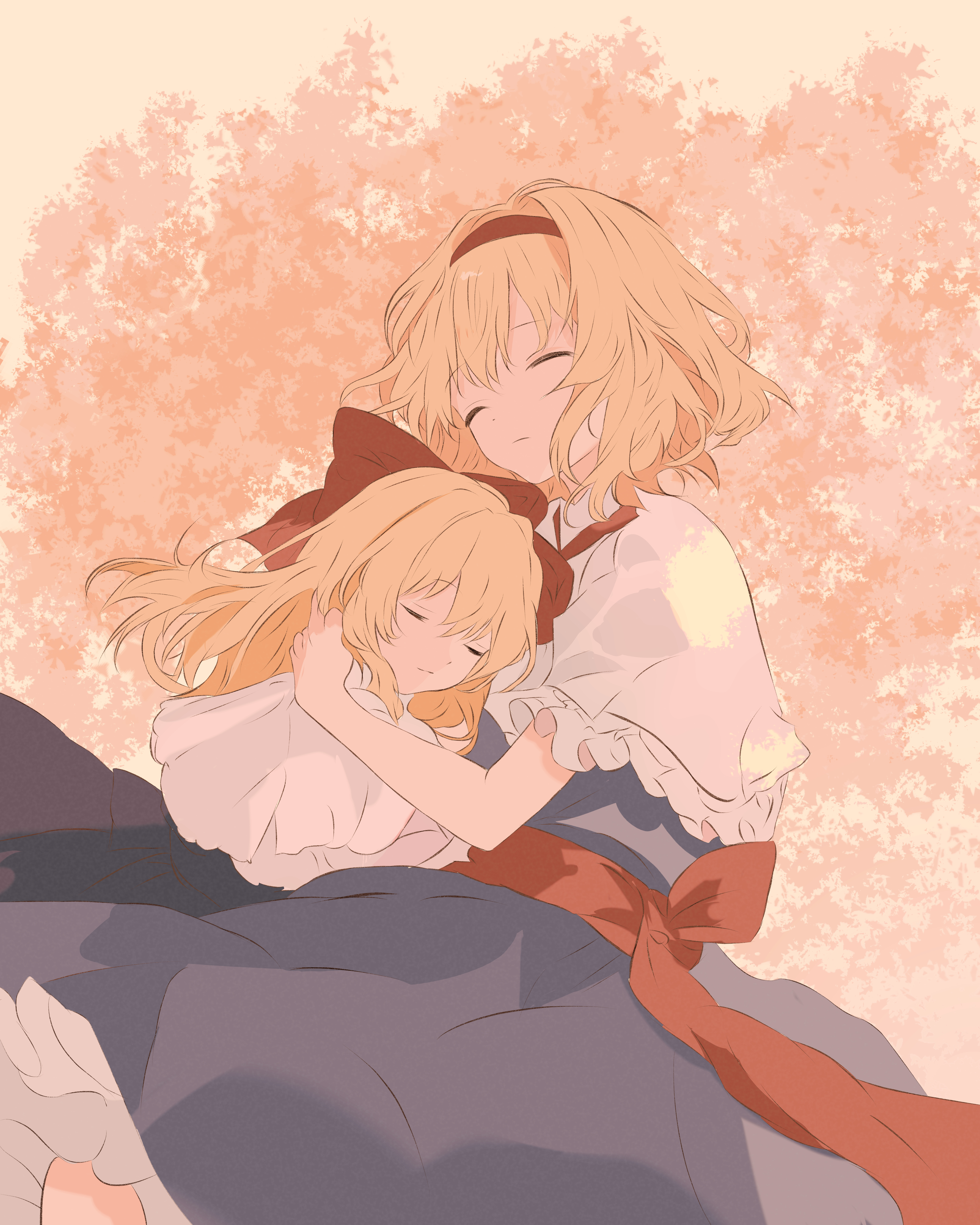 iris-san, alice margatroid, shanghai doll, touhou, absurdres, commentary request, highres, 2girls, black dress, blonde hair, blue dress, bow, capelet, closed eyes, closed mouth, dress, feet out of frame, frilled capelet, frills, hair bow, hairband, hug, long hair, lying, medium hair, multiple girls, on side, pink background, red bow, red hairband, simple background, sleeping, white capelet