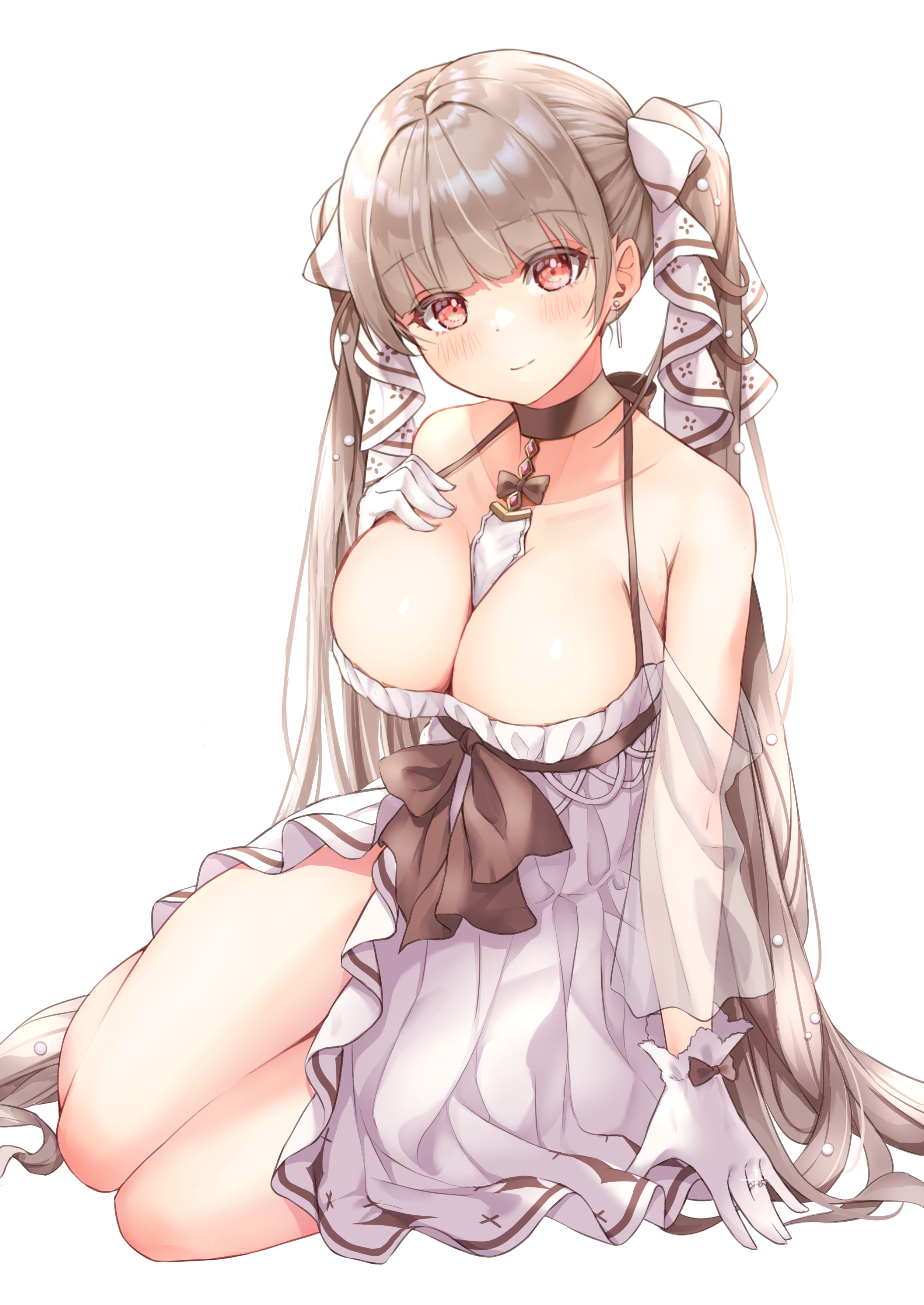 classic (zildjian33), formidable (azur lane), azur lane, absurdres, highres, 1girl, alternate costume, between breasts, black choker, black ribbon, blunt bangs, blush, breasts, choker, cleavage, closed mouth, collarbone, detached sleeves, dress, earrings, frilled dress, frills, full body, gem, gloves, grey hair, hair ribbon, jewelry, large breasts, light smile, long hair, looking at viewer, necktie, necktie between breasts, pearl earrings, red eyes, ribbon, see-through clothes, see-through sleeves, simple background, sitting, solo, stud earrings, thighs, twintails, two-tone dress, two-tone ribbon, very long hair, white background, white dress, white gloves, white ribbon