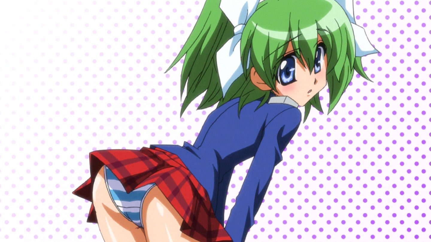 cruz schild, needless, uniform, anime screenshot, 1boy, ass, bent over, blue eyes, crossdressing, crossdressing (mtf), green hair, male focus, panties, ribbon, solo, striped clothes, striped panties, trap, underwear
