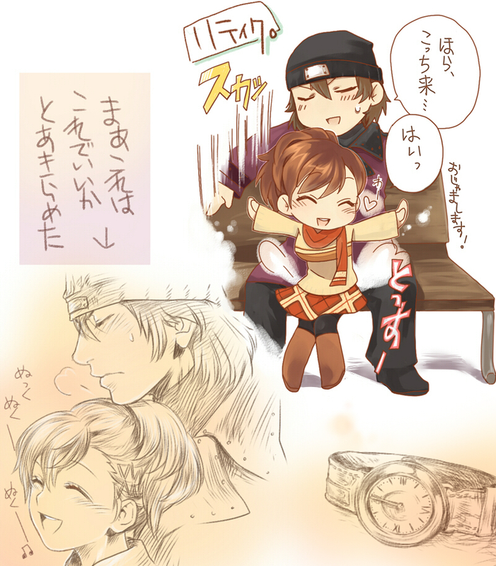 no ren, aragaki shinjirou, shiomi kotone, atlus, persona, persona 3, persona 3 portable, bad id, bad pixiv id, translation request, 1boy, 1girl, beanie, blush, boots, chibi, closed eyes, coat, couple, hair ornament, hairclip, hat, head rest, hetero, scarf, skirt, smile, trench coat, watch, wristwatch