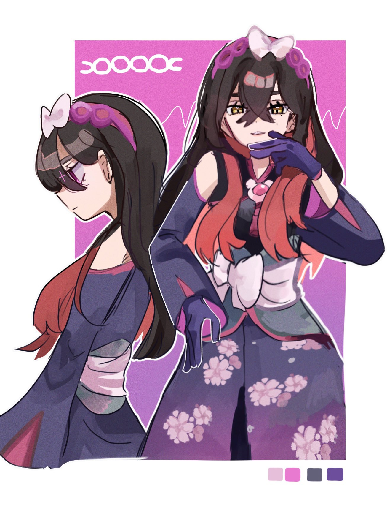 piyo (toripoke710), carmine (pokemon), carmine (sygna suit) (pokemon), nintendo, pokemon, pokemon masters ex, commentary request, highres, 1girl, black hair, bow hairband, colored inner hair, crossed ankles, detached sleeves, eyelashes, gloves, hair between eyes, hairband, japanese clothes, kimono, long hair, long sleeves, mind control, multicolored hair, multiple views, official alternate costume, pink eyes, red hair, two-tone hair, yellow eyes