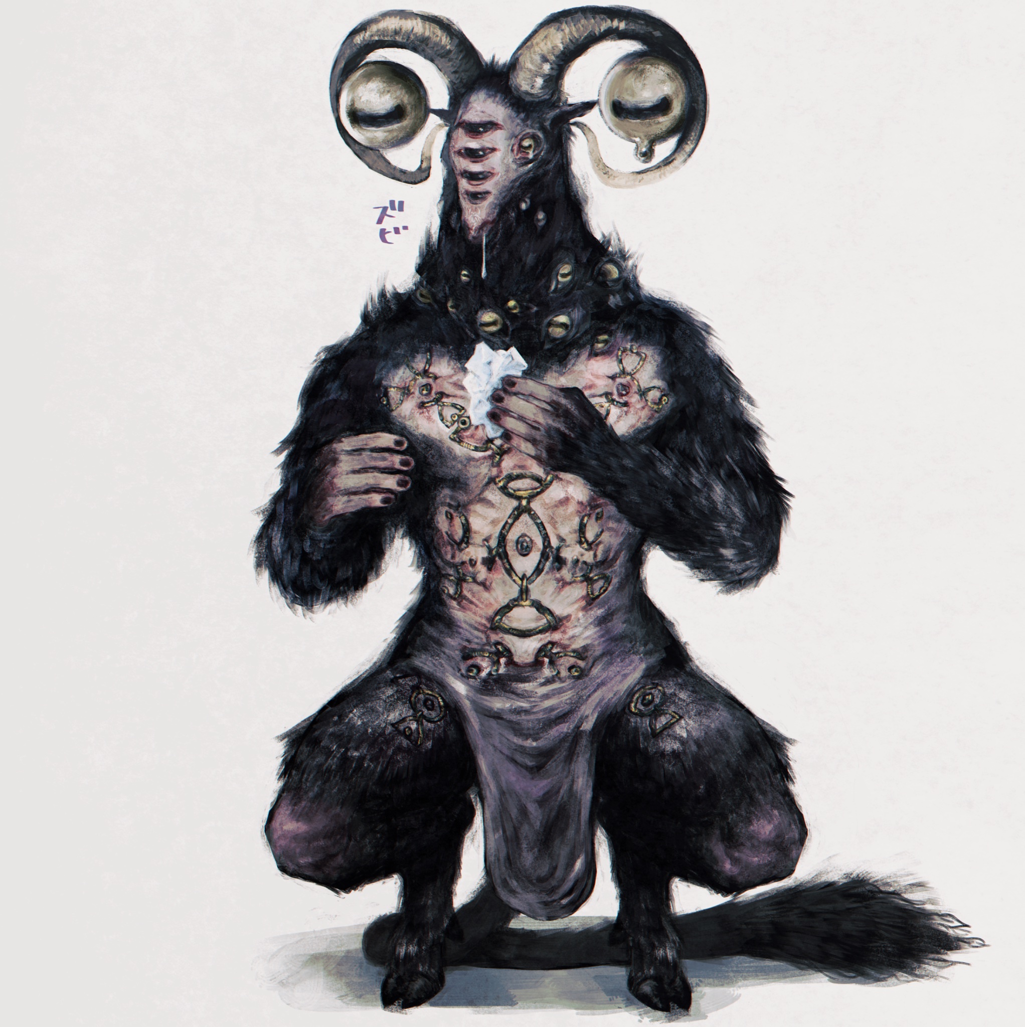 libra (elden ring), elden ring, elden ring nightreign, highres, 1boy, black nails, blowing nose, body piercings, disembodied eye, extra eyes, full body, goat horns, goat legs, holding tissue, horizontal pupils, horns, monster, monster focus, runny nose, snot, solo, sound effects, tissue, vbtem2rhxc2qchk, very big eyes, white background