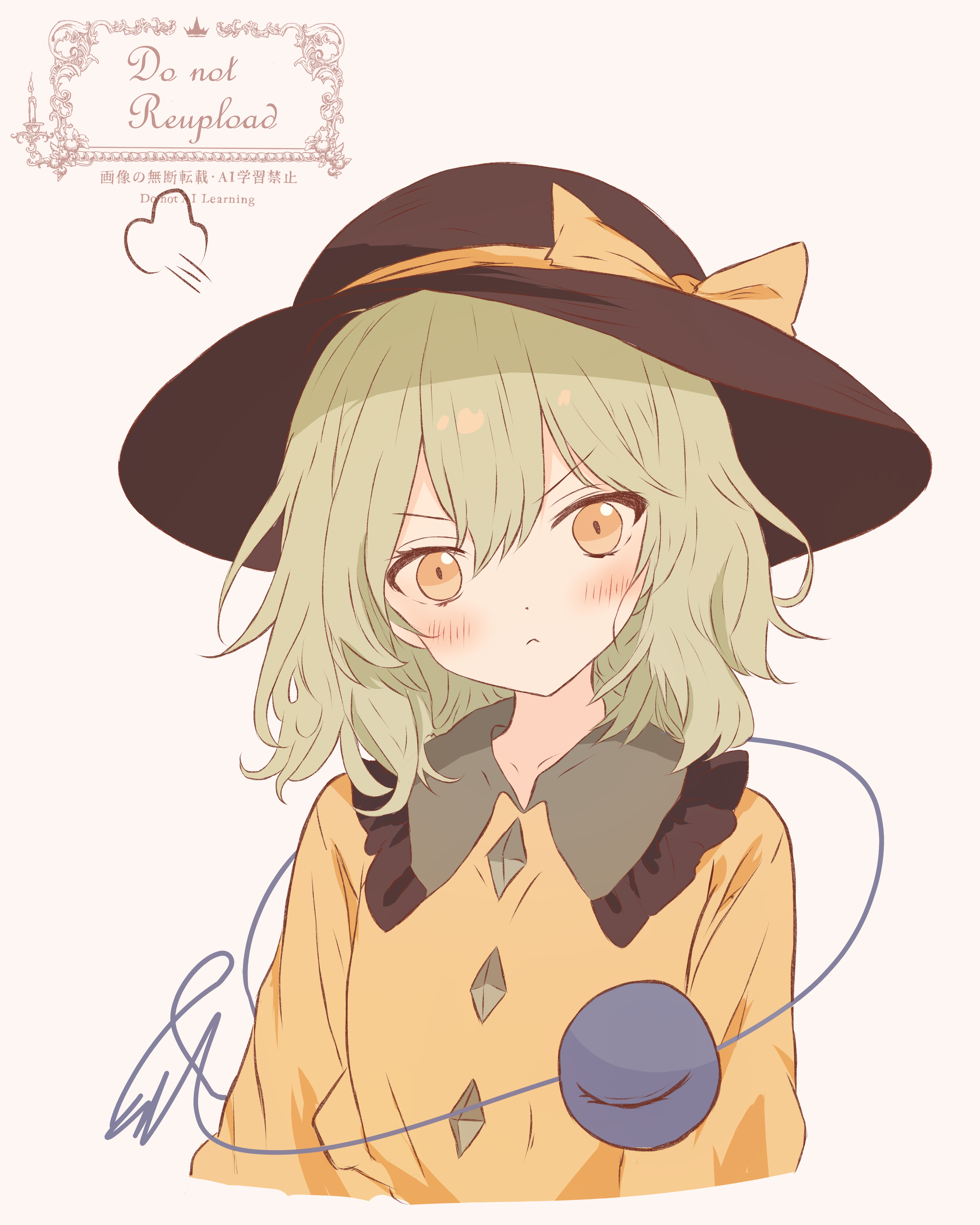 iris-san, komeiji koishi, touhou, absurdres, commentary request, highres, >:(, 1girl, alternate eye color, angry, black hat, blush, buttons, closed mouth, cropped torso, diamond button, frilled shirt collar, frills, frown, green hair, hair between eyes, hat, long sleeves, medium hair, orange eyes, pout, puff of air, shirt, simple background, solo, sun hat, third eye, upper body, v-shaped eyebrows, white background, yellow shirt