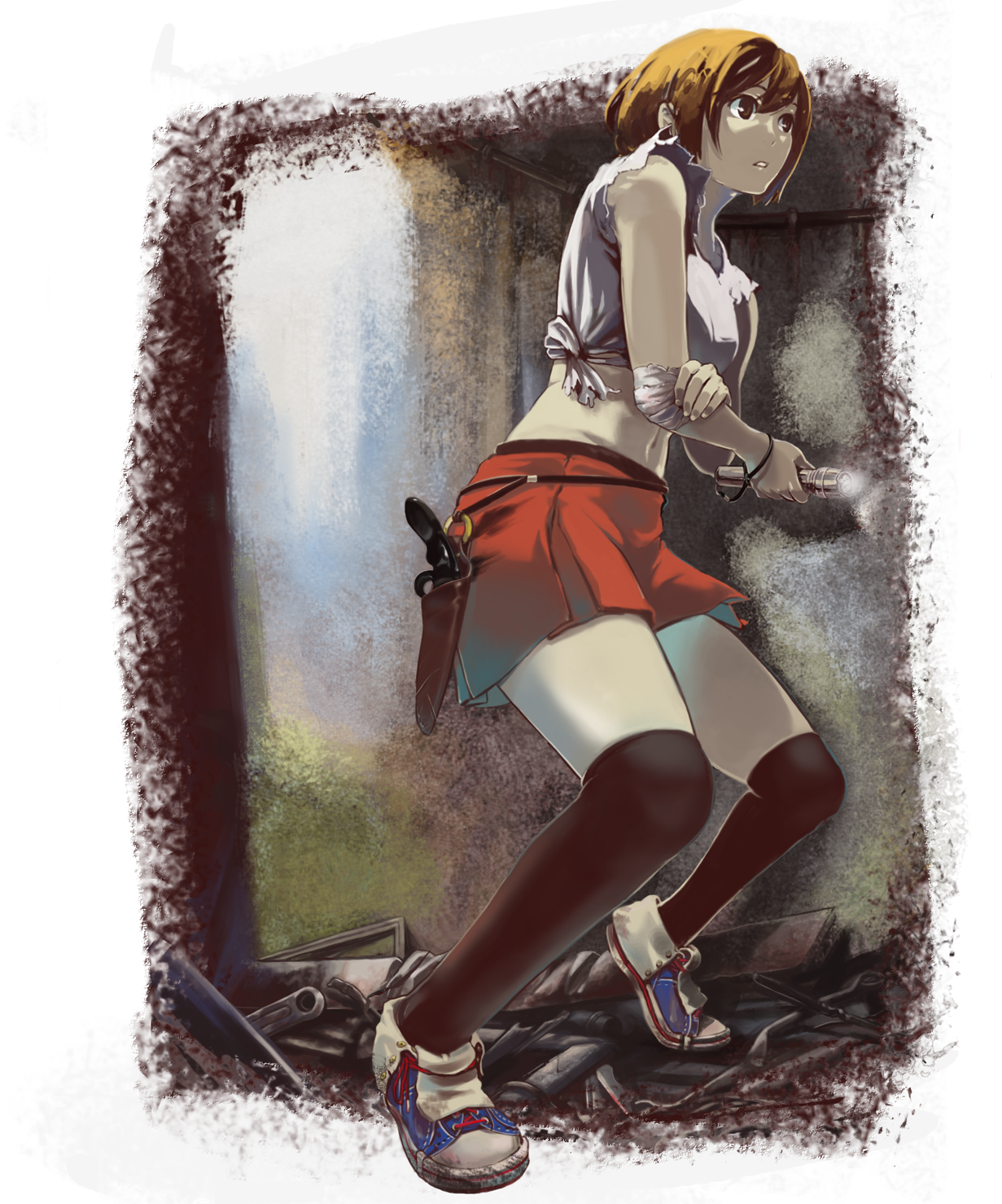 munage4, bad id, bad pixiv id, highres, bandages, brown eyes, brown hair, flashlight, gun, holster, midriff, navel, ruins, shoes, short hair, skirt, sneakers, solo, thighhighs, weapon, zettai ryouiki