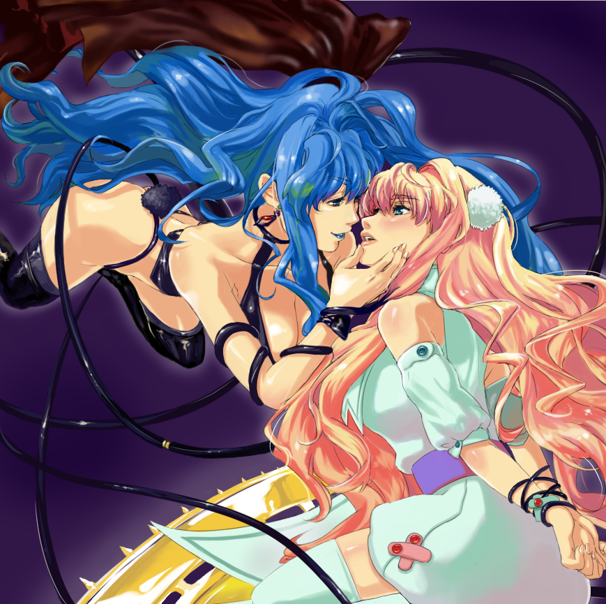munage4, sheryl nome, macross, macross frontier, macross frontier: itsuwari no utahime, 00s, 2girls, bdsm, blonde hair, blue eyes, blue hair, blush, bondage, boots, bound, cable, dual persona, earrings, grabbing another's chin, hand on another's chin, imminent kiss, jewelry, lipstick, long hair, makeup, multiple girls, thigh boots, thighhighs, very long hair, yuri