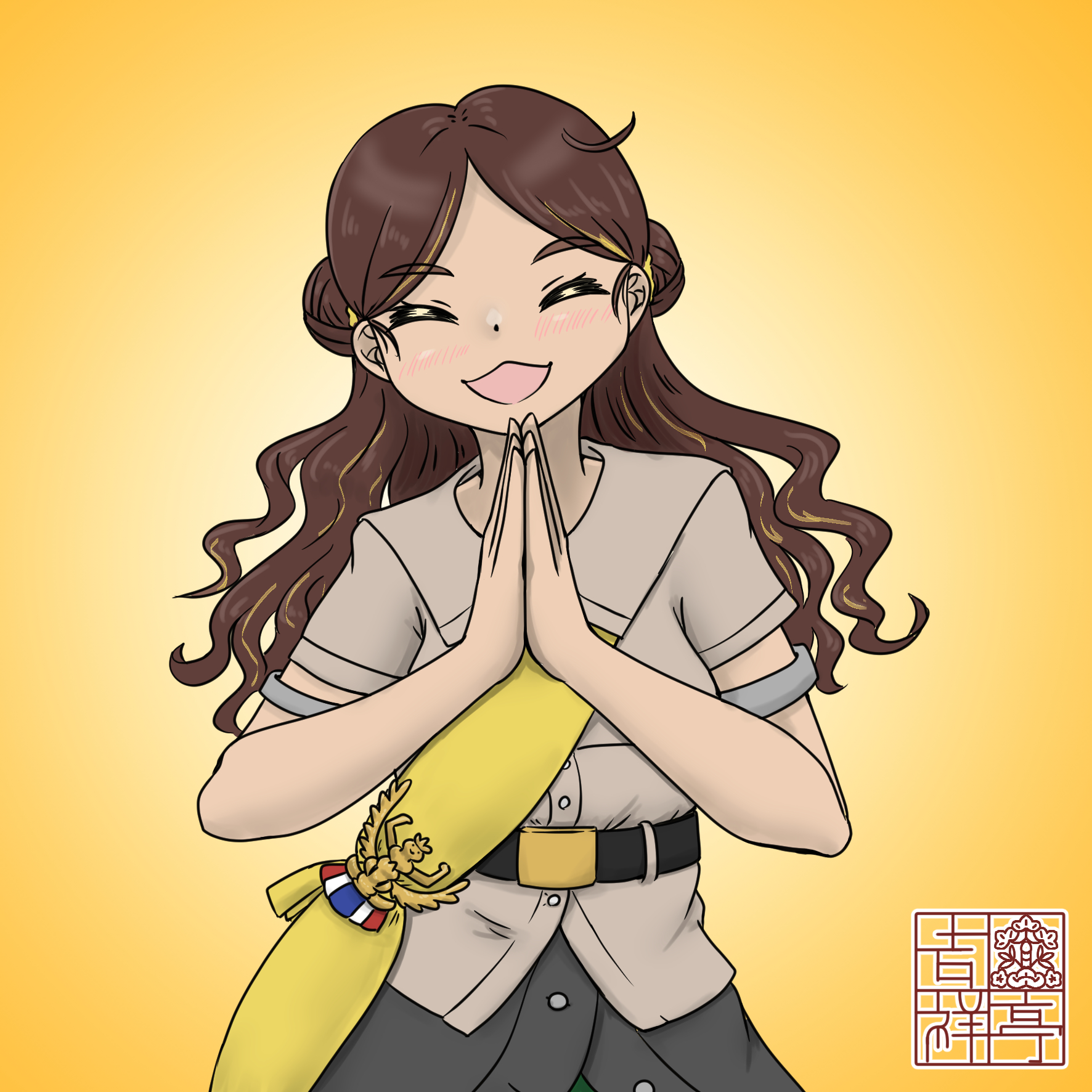 kantai collection, commentary request, highres, 1girl, :3, artist logo, black skirt, brown hair, brown shirt, closed eyes, double bun, gradient background, hair bun, kisshoutei, logo, long hair, military uniform, orange background, own hands together, sash, shirt, skirt, smile, solo, thonburi (kancolle), wavy mouth, yellow sash