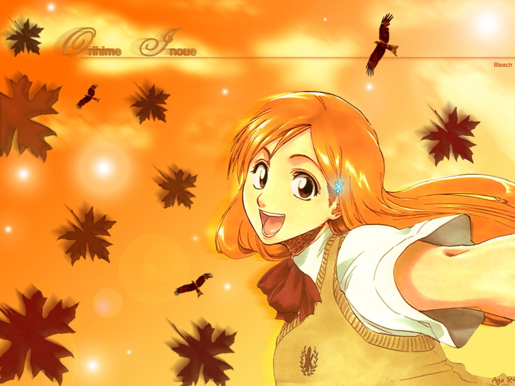 inoue orihime, bleach, 00s, hair ornament, hairpin, orange hair, smile