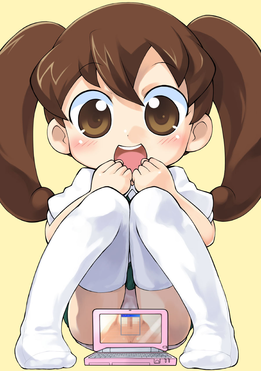 sakurabe notos, sofue hikaru, net ghost pipopa, highres, 1girl, anus, blush, brown eyes, brown hair, censored, computer, computer keyboard, female focus, green skirt, laptop, loli, long hair, looking at viewer, open mouth, panties, pink panties, pussy, school uniform, shirt, short sleeves, sitting, skirt, smile, socks, solo, teeth, thighhighs, twintails, underwear, white shirt, white socks, white thighhighs, x-ray, x-ray vision