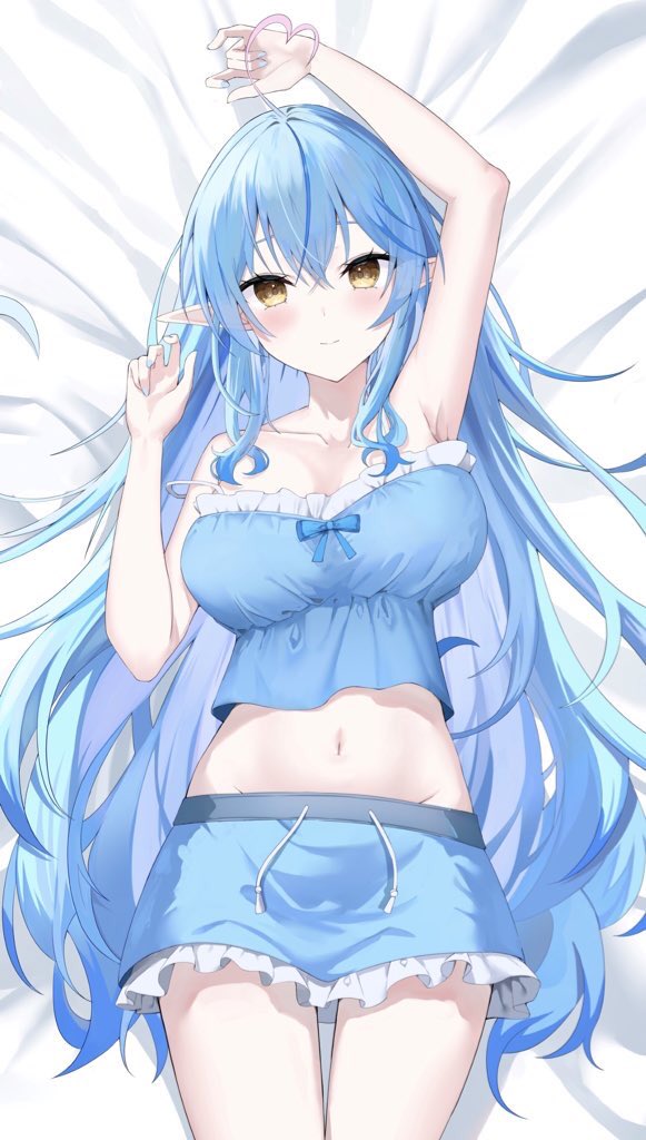 aki uzuki3, yukihana lamy, hololive, commentary request, 1girl, aqua nails, armpits, bare shoulders, blue camisole, blue hair, blue skirt, blush, camisole, closed mouth, collarbone, colored tips, fingernails, hair between eyes, long hair, looking at viewer, loungewear, lying, midriff, multicolored hair, nail polish, navel, pointy ears, skirt, smile, solo, stomach, very long hair, yellow eyes