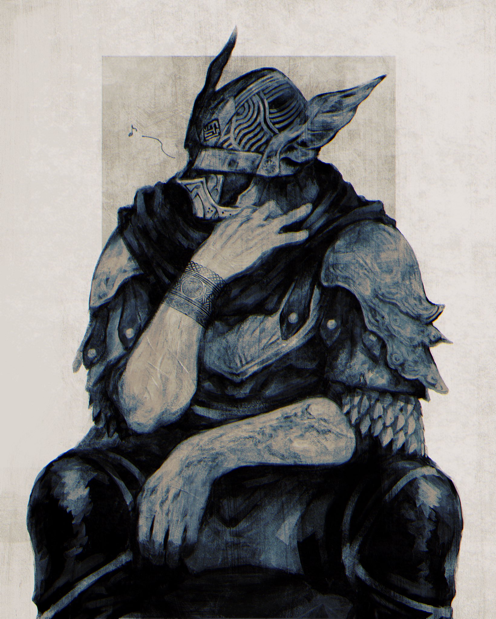 wylder (elden ring), elden ring, elden ring nightreign, highres, 1boy, arm tattoo, armor, black cape, blue surcoat, burn scar, cape, feet out of frame, helmet, monochrome, musical note, scale armor, scar, simple background, sitting, solo, spoken musical note, tattoo, vbtem2rhxc2qchk, winged helmet