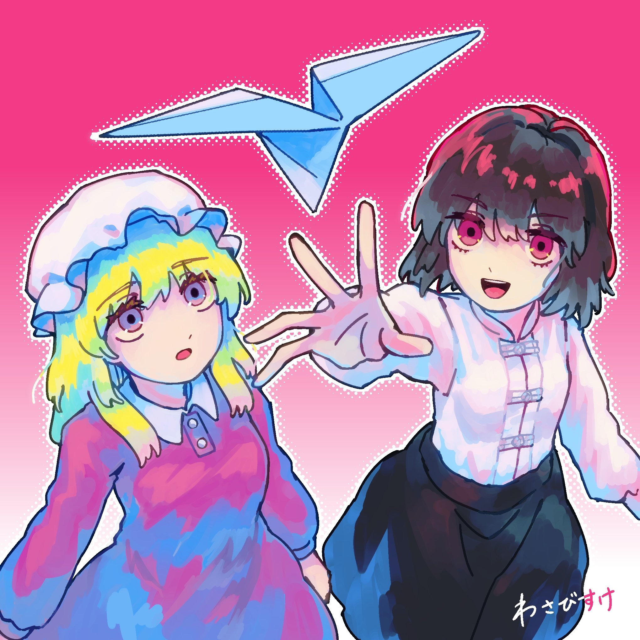 wasabisuke, maribel hearn, usami renko, touhou, commentary request, highres, translation request, 2girls, :o, black skirt, blonde hair, brown hair, collared dress, collared shirt, cowboy shot, dress, drop shadow, gradient background, hat, long sleeves, looking up, mob cap, multiple girls, no headwear, open mouth, paper airplane, pink background, polka dot, purple dress, red eyes, shirt, skirt, teeth, upper teeth only, white hat, white shirt