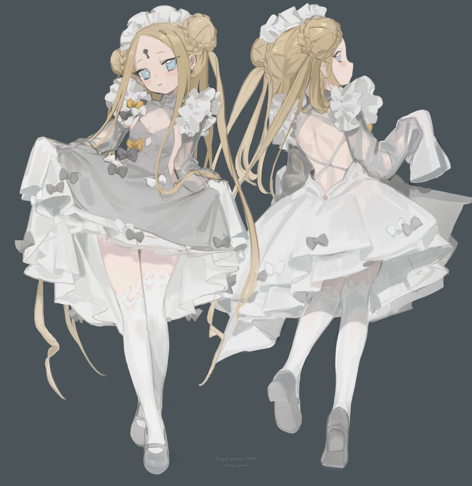 nemo (leafnight), abigail williams (fate), fate/grand order, fate (series), highres, revision, 1girl, backless outfit, blonde hair, character name, cleavage cutout, clothing cutout, crossed legs, double bun, dress, flat chest, from behind, full body, grey background, grey eyes, hair bun, long hair, long sleeves, looking at viewer, maid headdress, multiple views, simple background, skirt hold, thighhighs, watson cross, white thighhighs