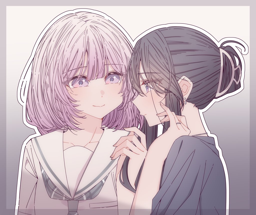 kousaka 0v0, ichigohara itsuki, togawa rin, hitozuma kyoushi ga oshiego no joshikousei ni dohamari suru hanashi, commentary, hashtag-only commentary, 2girls, black hair, border, cheating (relationship), closed mouth, gradient background, gradient hair, grey background, grey border, grey shirt, hair bun, jewelry, multicolored hair, multiple girls, necklace, pink eyes, pink hair, purple eyes, ring, school uniform, serafuku, shirt, smile, teacher and student, wedding ring, white hair, white shirt, yuri