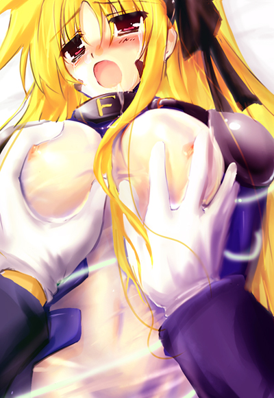 kimura shuuichi, fate testarossa, lyrical nanoha, mahou shoujo lyrical nanoha, mahou shoujo lyrical nanoha strikers, bad id, bad pixiv id, 00s, 1girl, blonde hair, blush, breasts, grabbing another's breast, groping, long hair, red eyes, see-through clothes, solo focus, twintails
