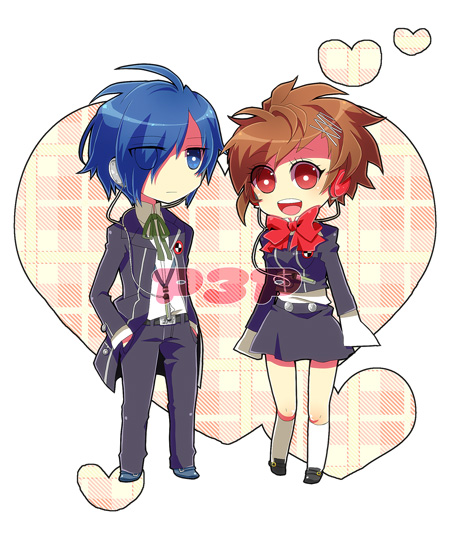 shooting428star, shiomi kotone, yuuki makoto (persona 3), atlus, persona, persona 3, persona 3 portable, blue hair, bow, brown hair, chibi, hair ornament, hairclip, headphones, open mouth, school uniform, short hair, skirt, smile