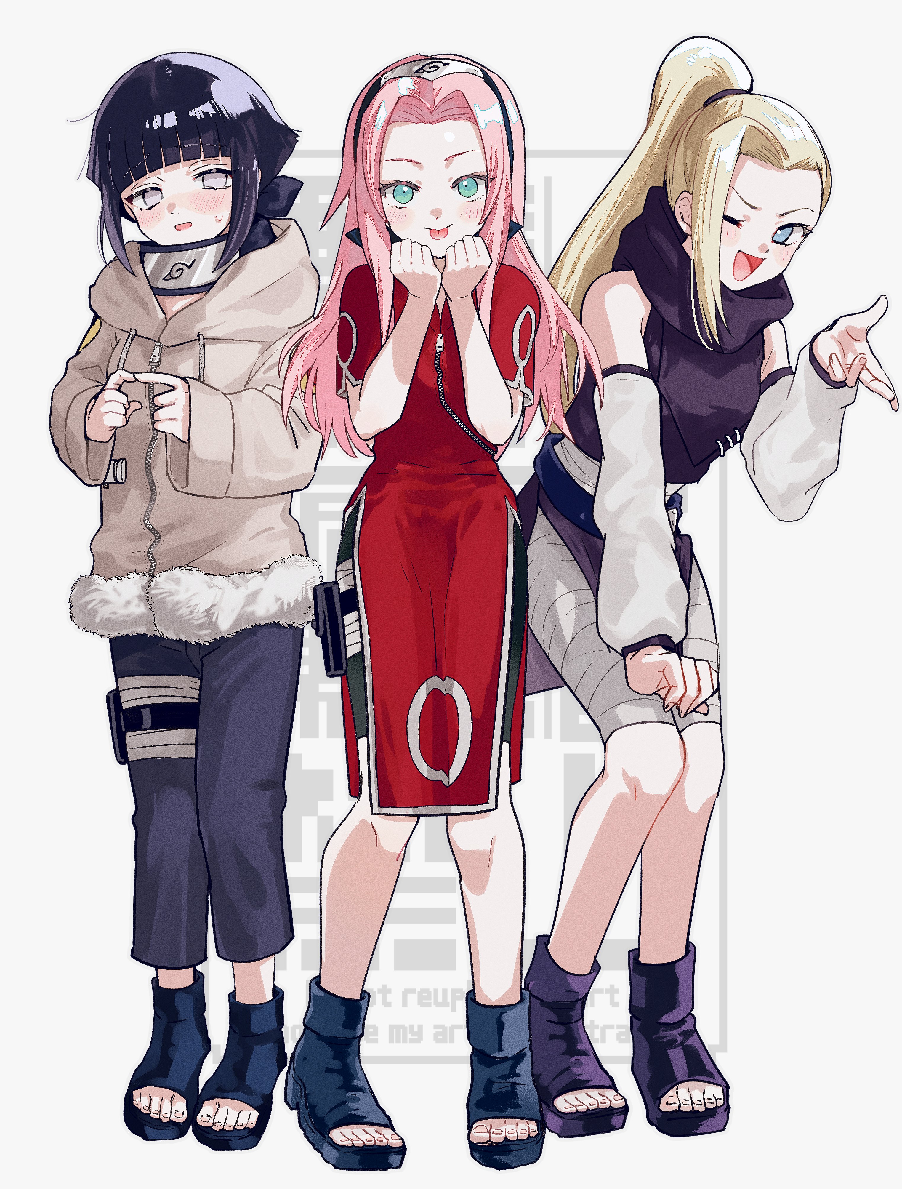 asako (itiba), haruno sakura, hyuuga hinata, yamanaka ino, naruto (classic), naruto (series), absurdres, highres, 3girls, :d, :p, ;d, bandages, black hair, black pants, black shorts, blonde hair, blue eyes, blush, brown jacket, detached sleeves, dress, forehead protector, full body, green eyes, index fingers together, jacket, konohagakure symbol, long hair, long sleeves, looking at viewer, multiple girls, one eye closed, open-toe shoes, open mouth, pants, pink hair, ponytail, purple eyes, red dress, short hair, short sleeves, shorts, smile, standing, sweatdrop, tongue, tongue out, white background